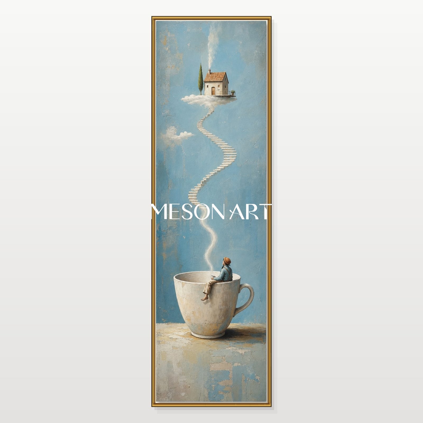 Surrealist Teacup Stairway Art For Modern Living Room Decor With Dreamy Blue Tones