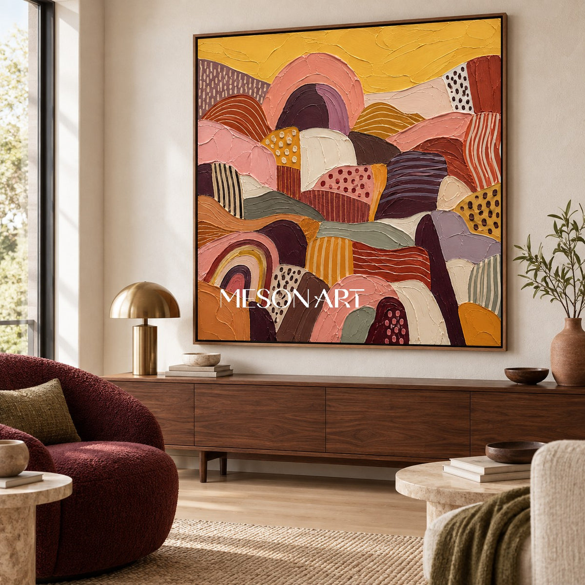 Gold And Pink Abstract Landscape Painting Original Hand Painted Square Wall Art For Living Room By Mesonart