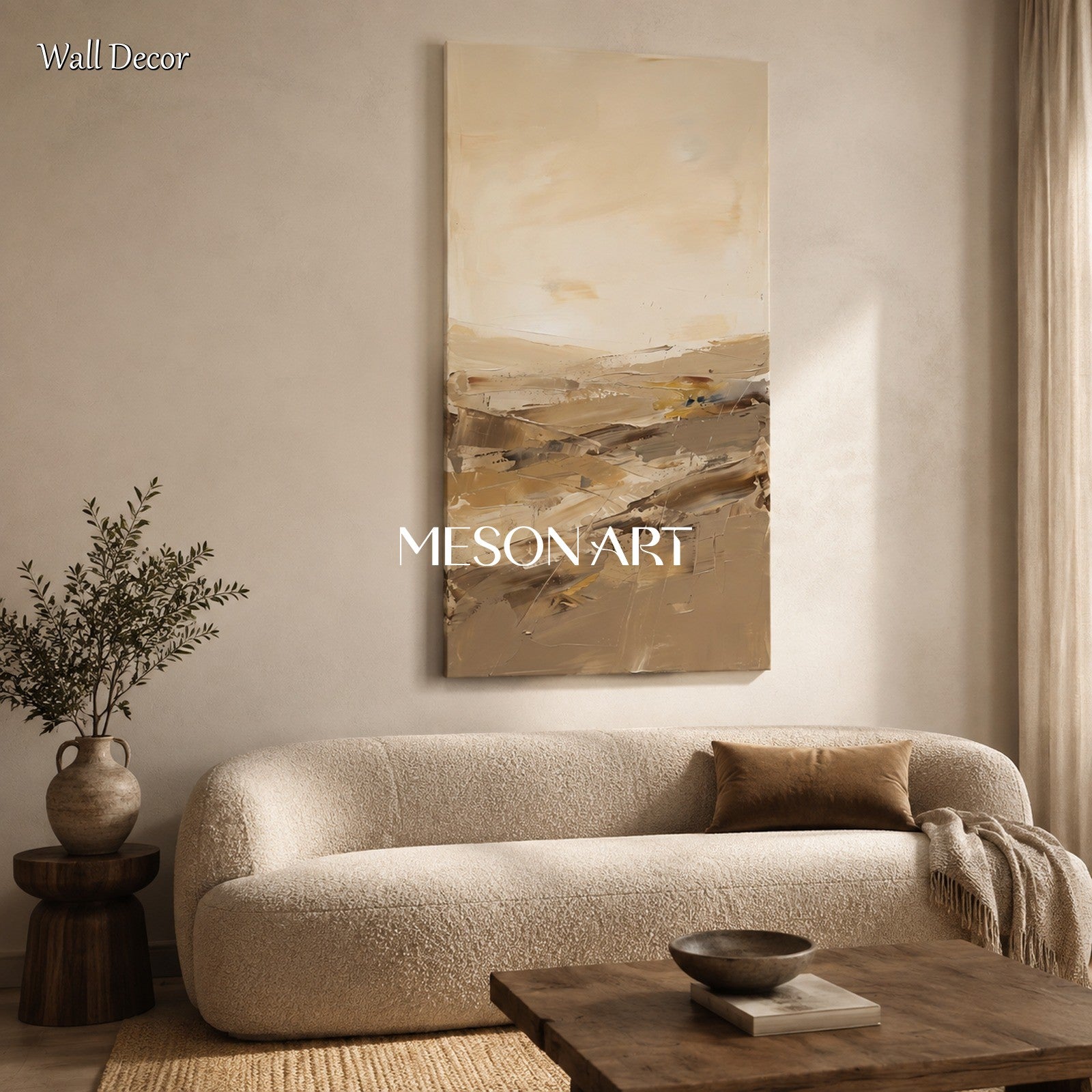 Beige And Gold Abstract Painting Panoramic Wall Art For Living Room By Mesonart
