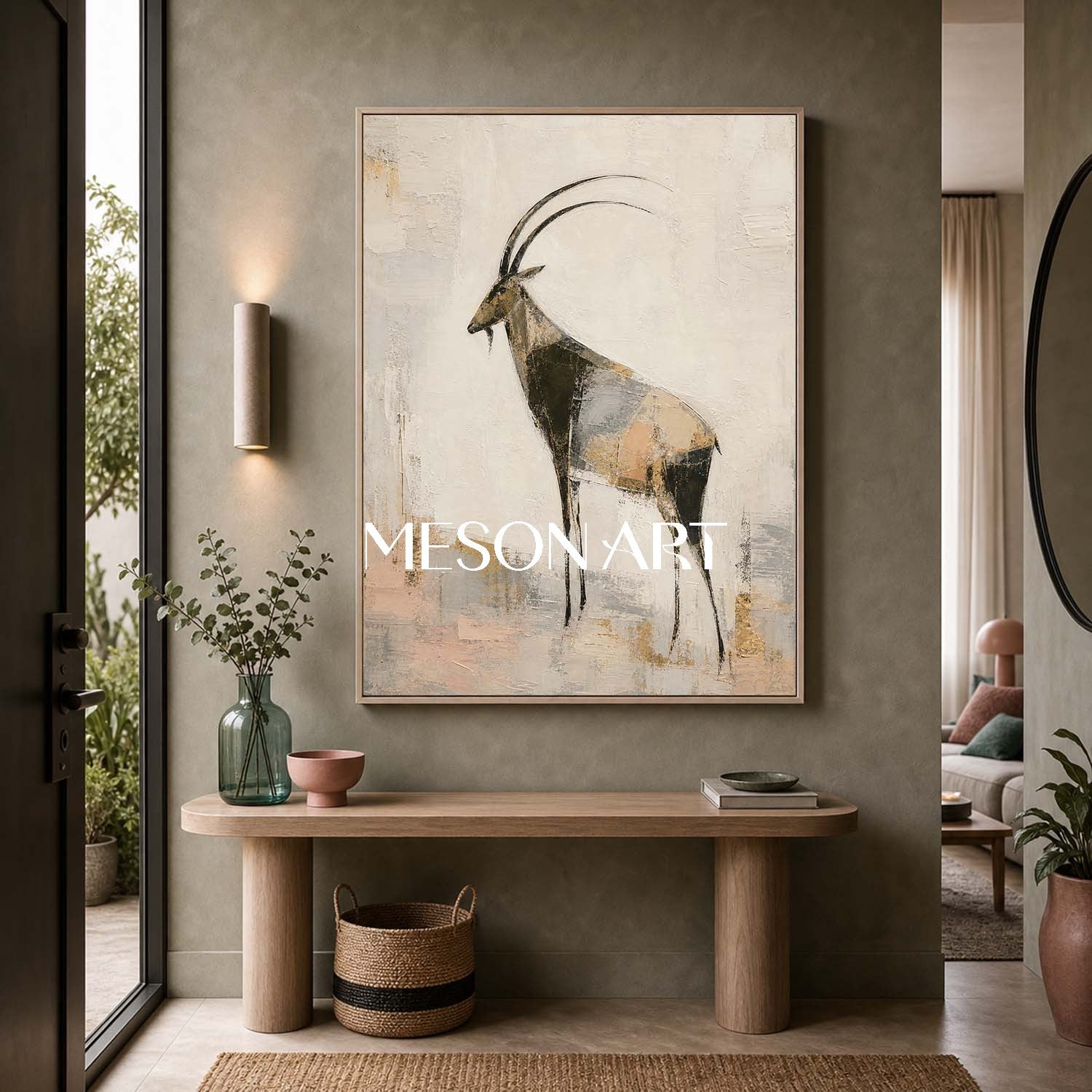 Abstract Antelope Wall Art Gold Beige Modern Animal Painting For Living Room Decor