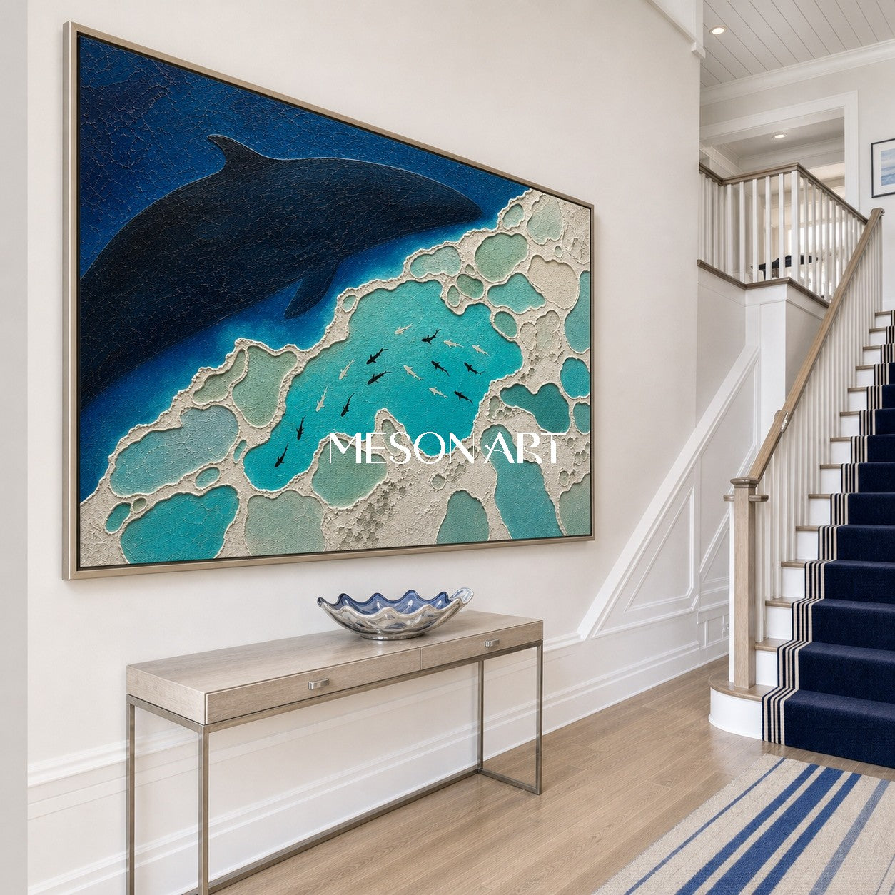 Deep Blue Shark Migration Art With Textured Relief For Modern Living Spaces