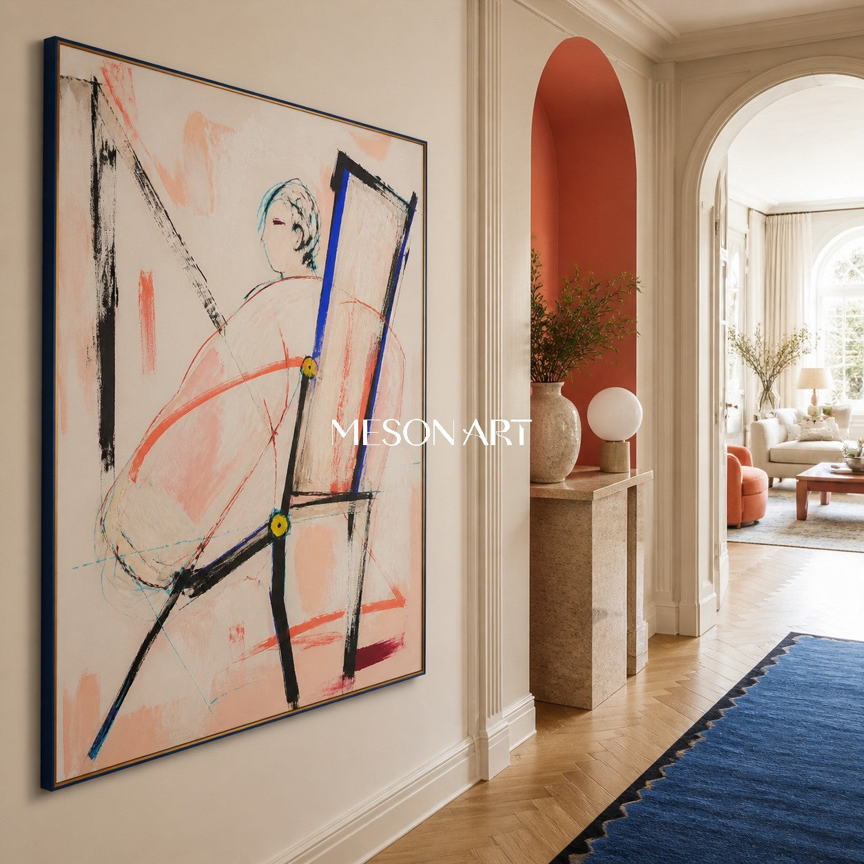 Pink And Black Expressionist Modern Figurative Abstract Art Rectangular Wall Decor For Living Room By Mesonart