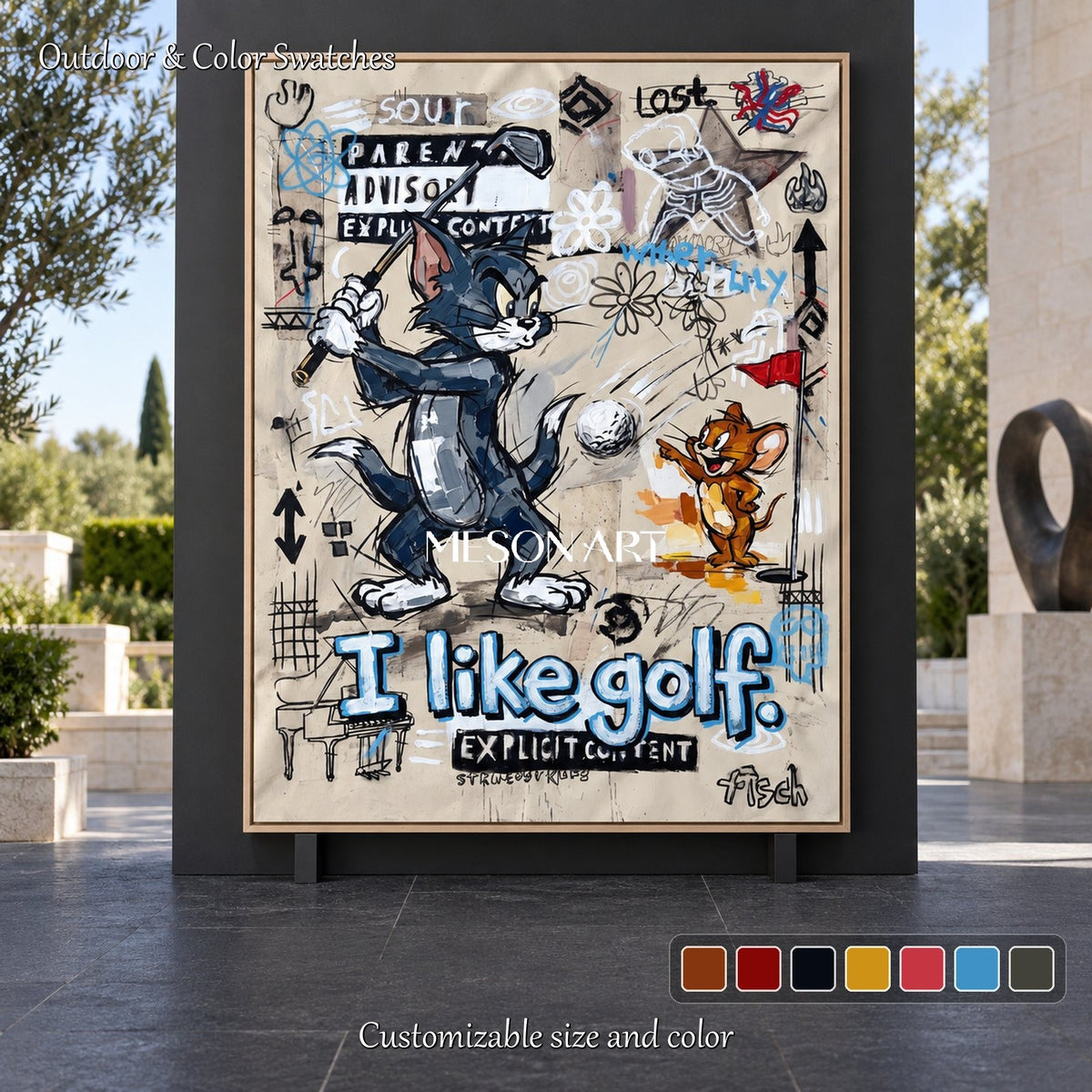 Beige And Black Gaming Art Rectangular Canvas Wall Decor Original Artist Hand Painted Tom And Jerry By Mesonart
