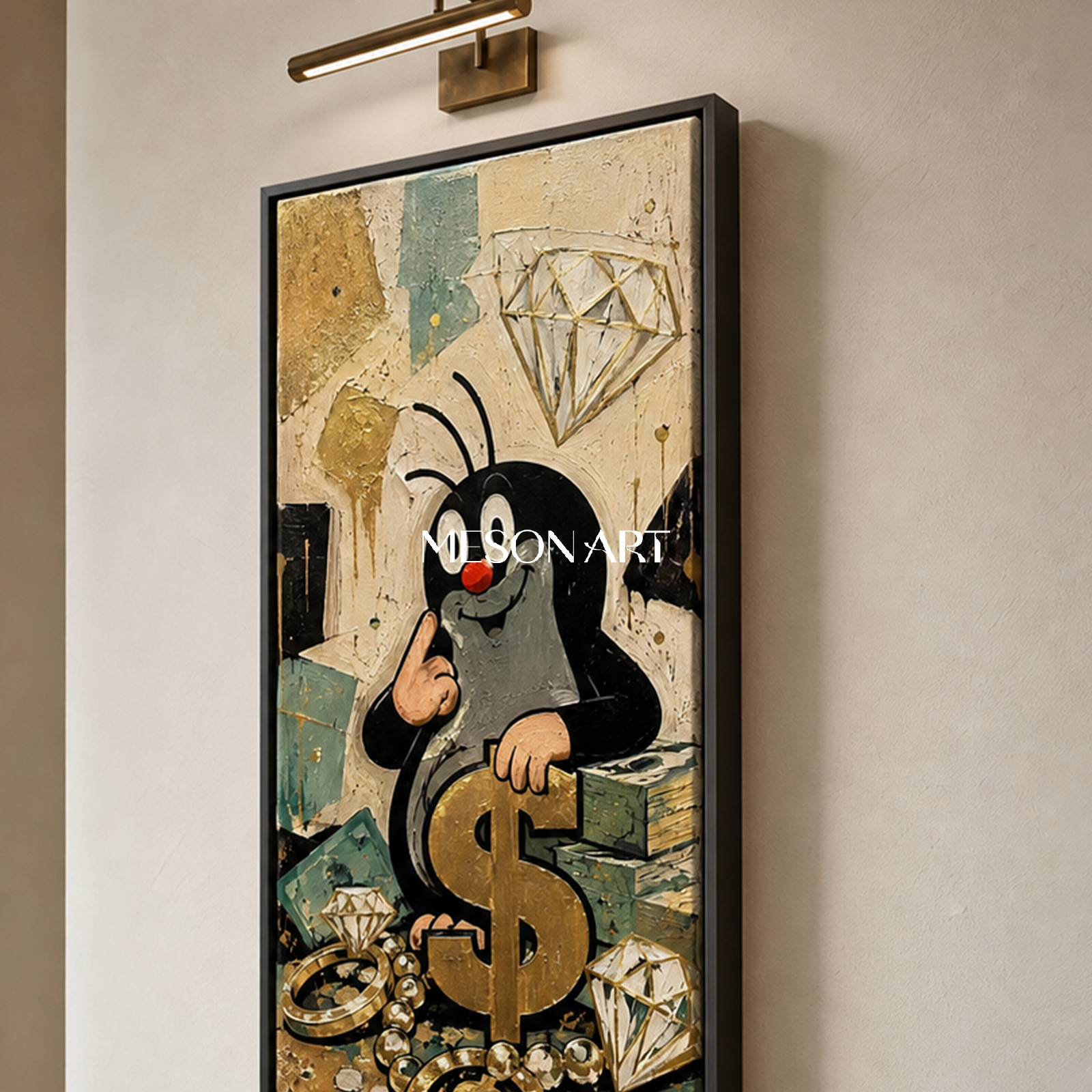 Cartoon Mole Graffiti Art With Gold Dollar Signs For Modern Living Room Decor