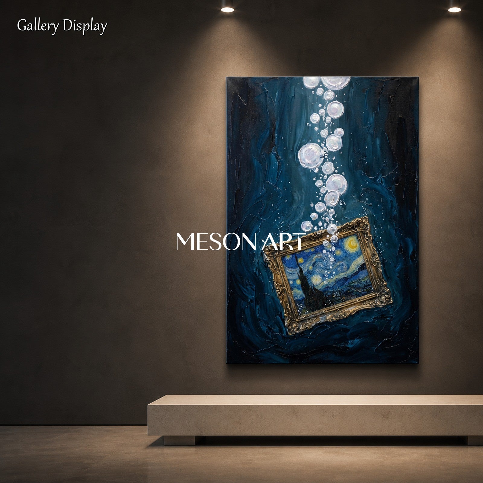 Blue And Gold Surrealism Figurative Contemporary Art Rectangular Wall Decor For Living Room By Mesonart