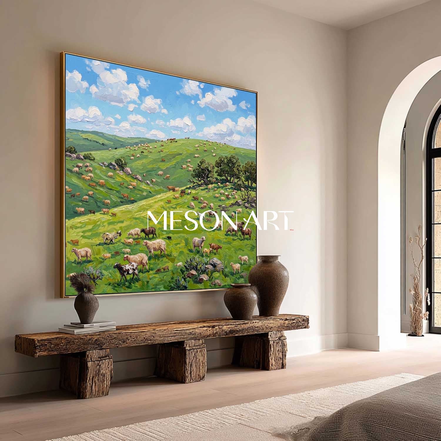 Green Pasture Landscape Oil Painting With Cows For Modern Farmhouse Living Room Decor