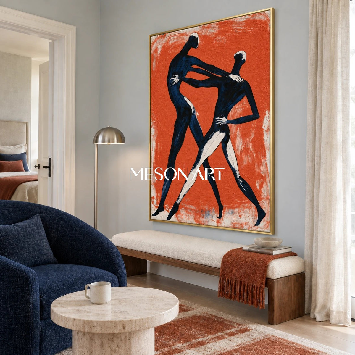 Orange And Black Expressionist Figurative Dynamic Textured Gestural Modern Rectangular Wall Art Original Artist By Mesonart
