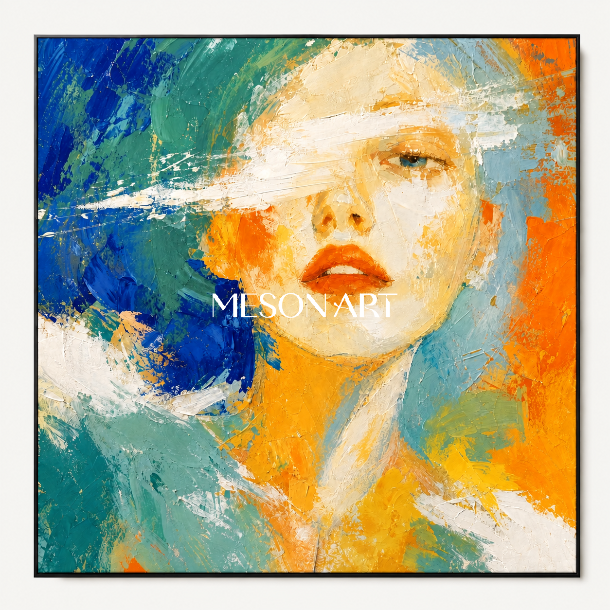Blue And Orange Abstract Portrait Painting Colorful Contemporary Modern Woman Original Oil On Canvas Square Wall Art By Mesonart
