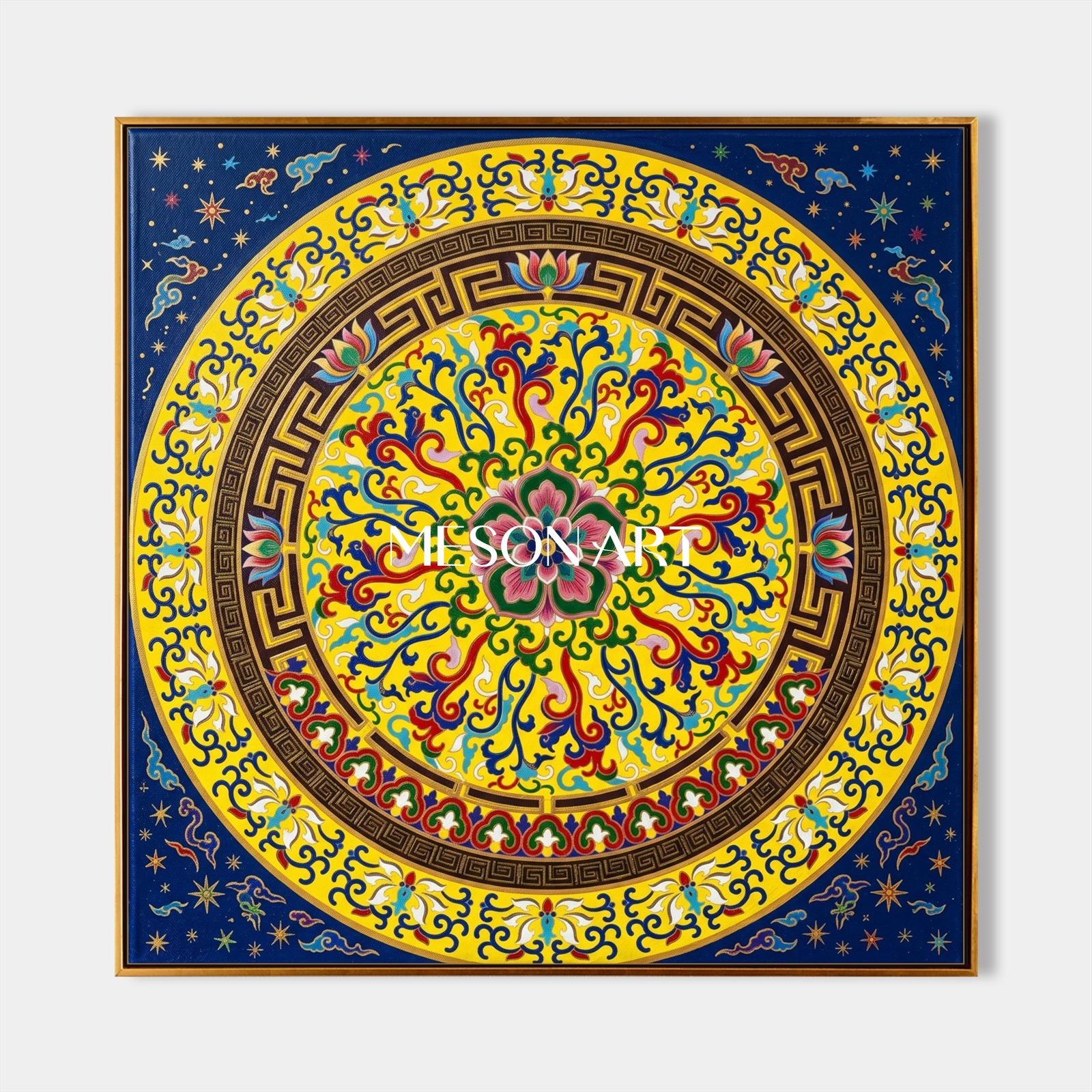 Blue And Gold Persian Arabesque Art Islamic Geometric Wall Decor Square Original Artist Hand Painted By Mesonart