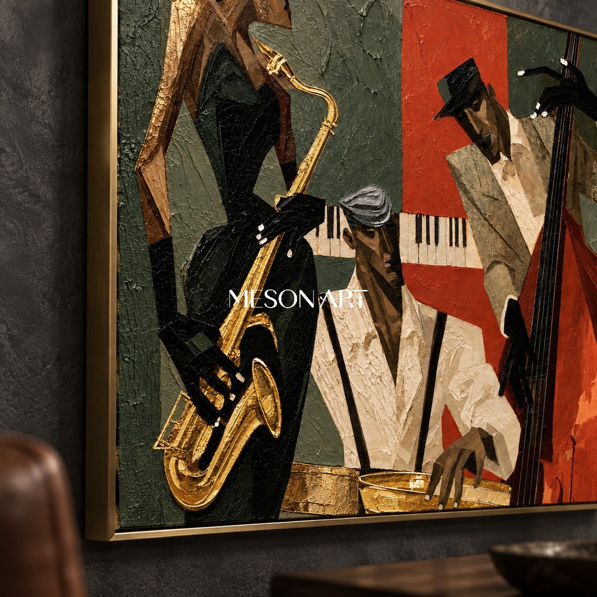 Gold And Black Pop Art Jazz Painting With Saxophone Geometric Modern Textured Rectangular Wall Art By Mesonart