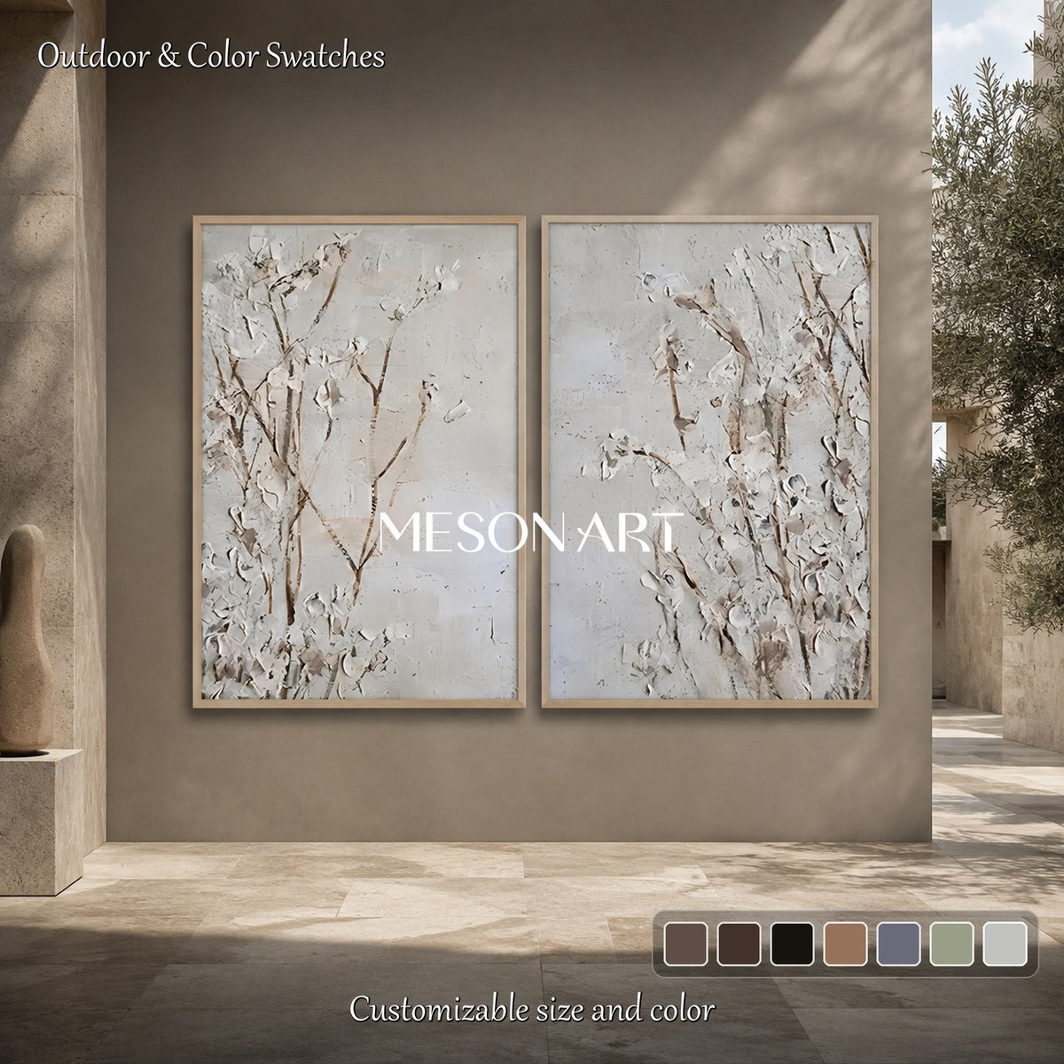White And Gray Flowers Painting Rectangular Wall Art Original Artist Hand Painted Abstract Floral Decor For Living Room By Mesonart