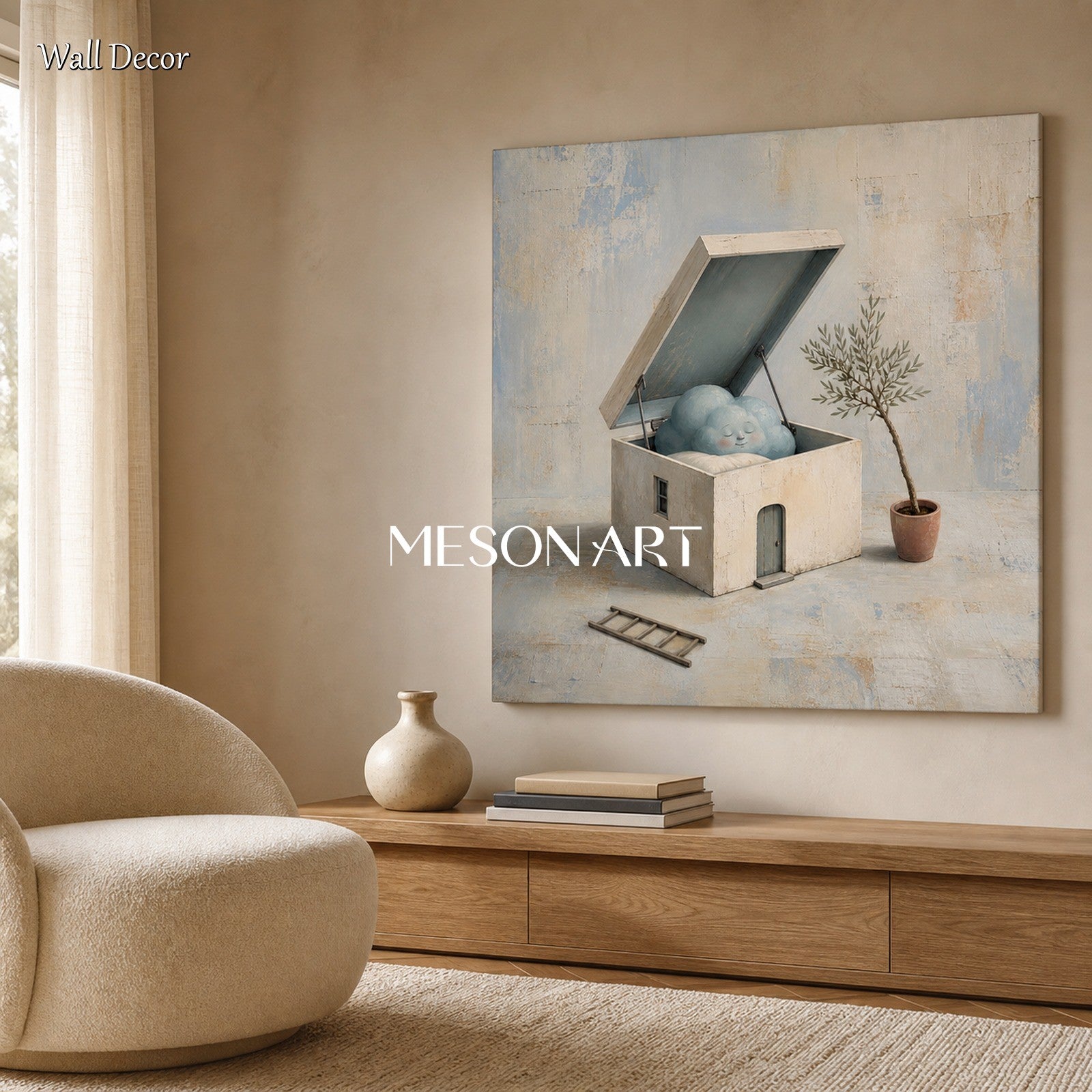 Modern Surrealist Wall Art With Cloud House For Contemporary Living Room Decor