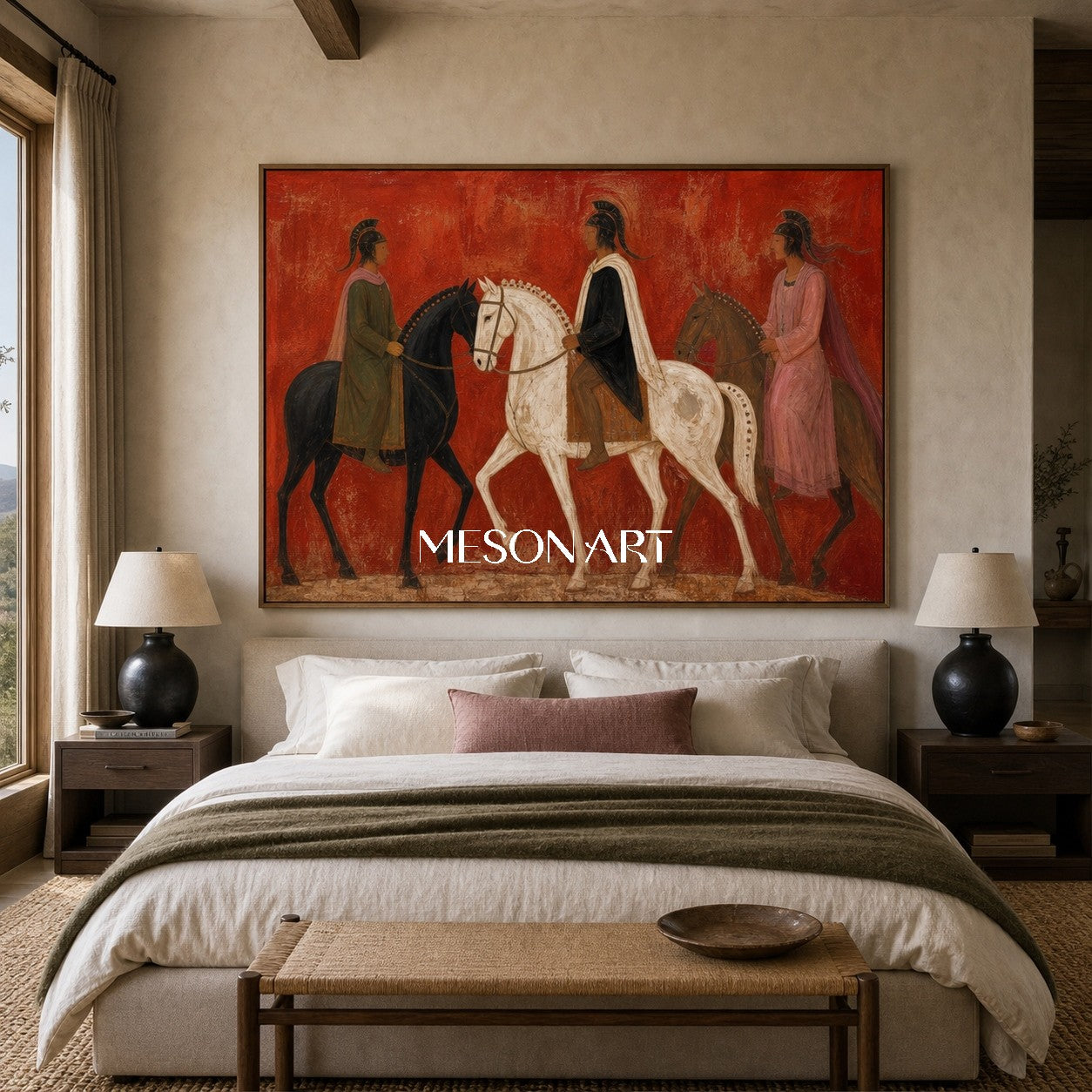 Ancient Equestrian Art With Red Background For Modern Living Room Decor
