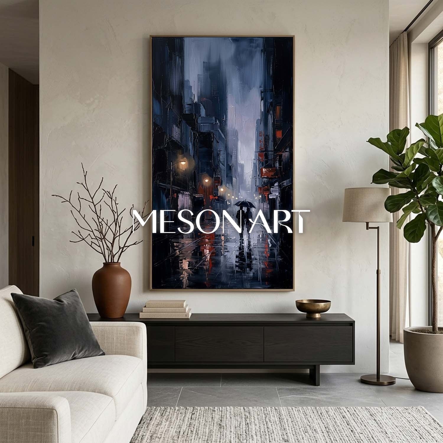 Abstract City Painting With Plaster Texture For Modern Living Room Decor