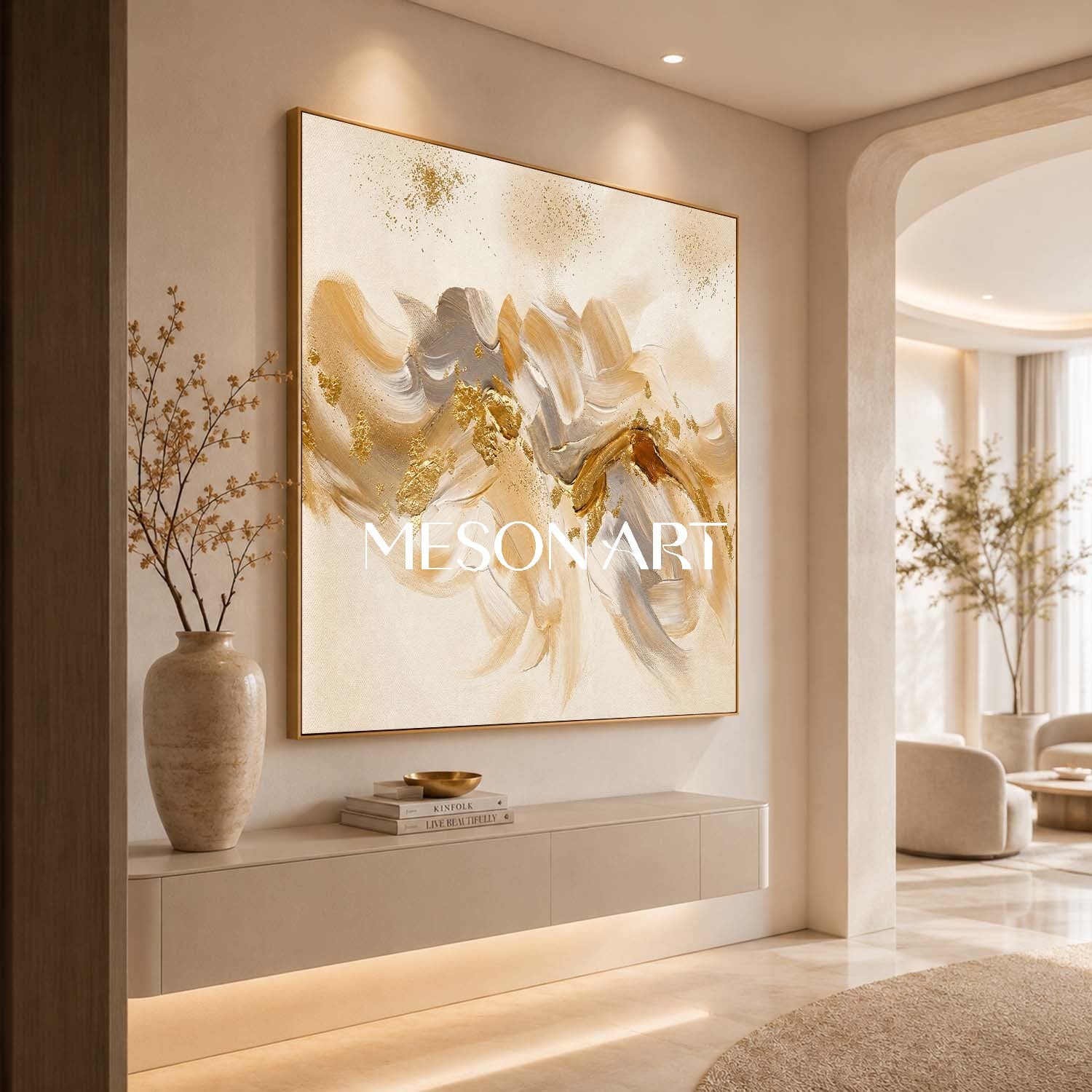 Luxury Abstract Gold Leaf Painting Beige Neutral Modern Art For Living Room