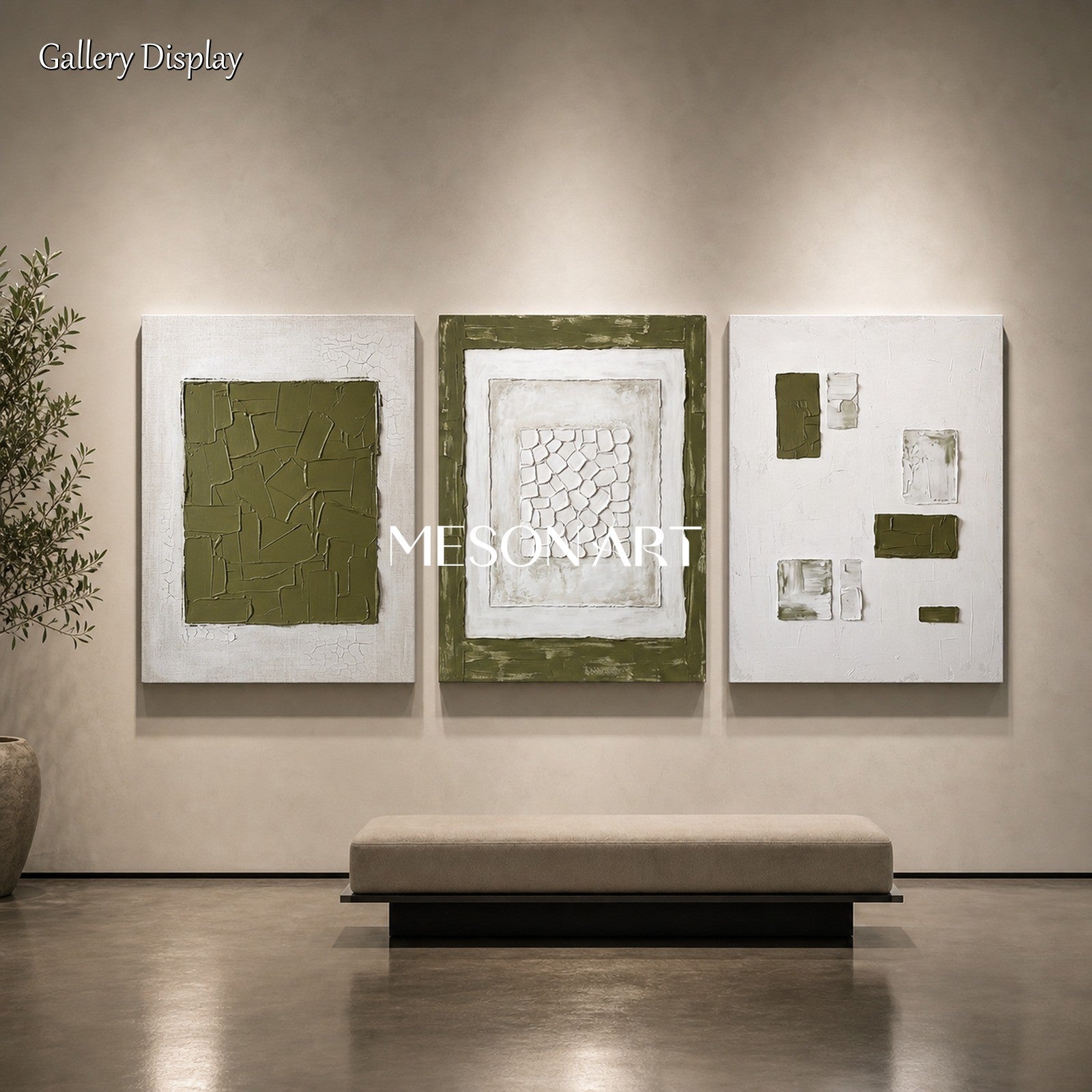 Green And White Minimalist Abstract Art Triptych For Modern Living Room Decor