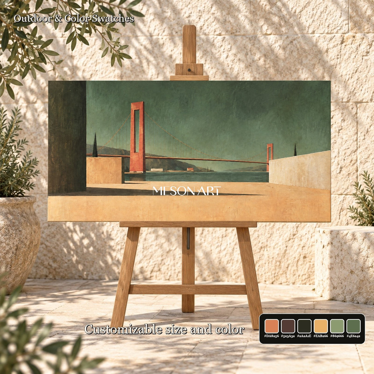 Green And Brown Surrealist Architectural Painting Minimal Geometric Bridge Horizon Panoramic Wall Art For Living Room By Mesonart