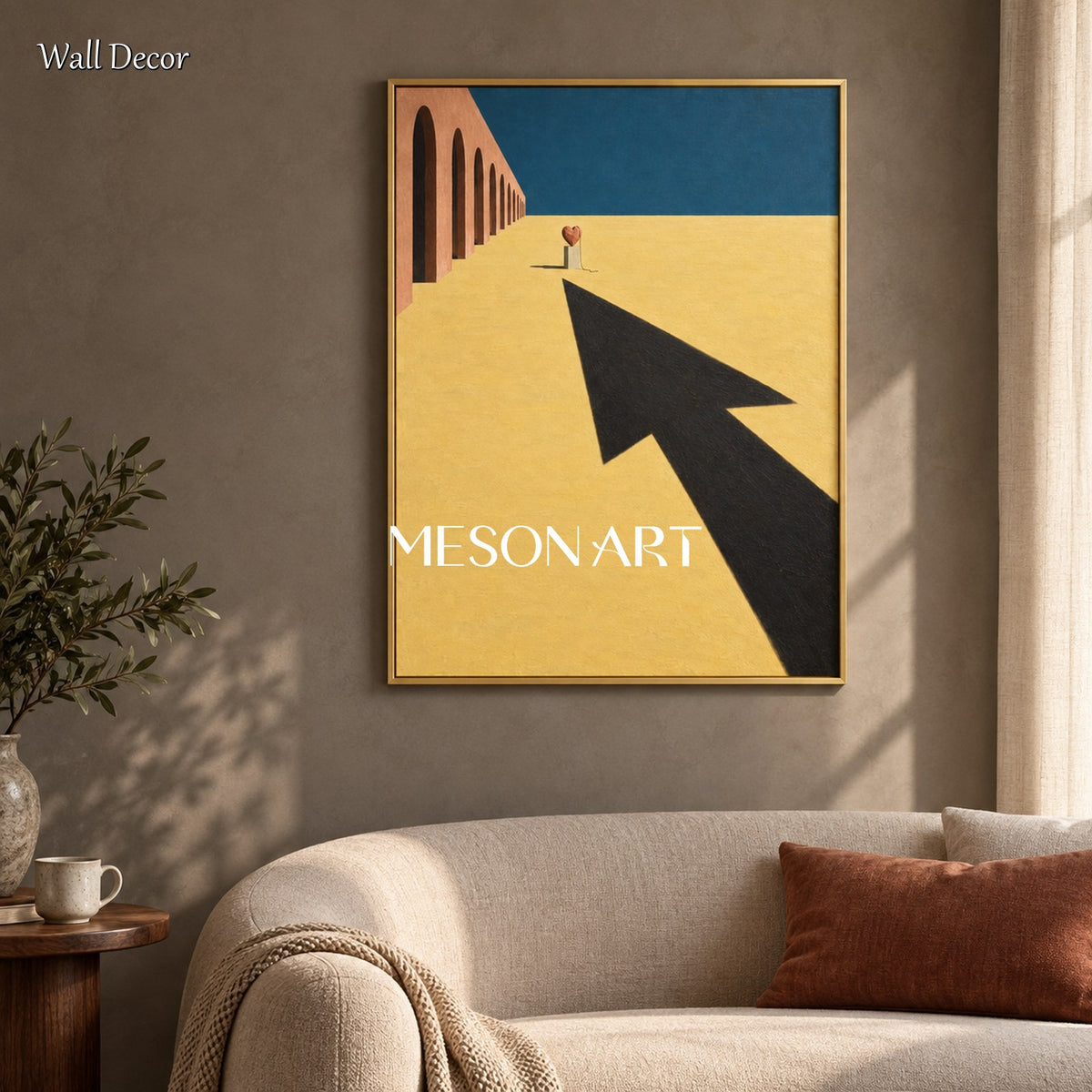Beige And Blue Surrealist Shadow Painting Rectangular Wall Art Original Artist Hand Painted For Living Room By Mesonart