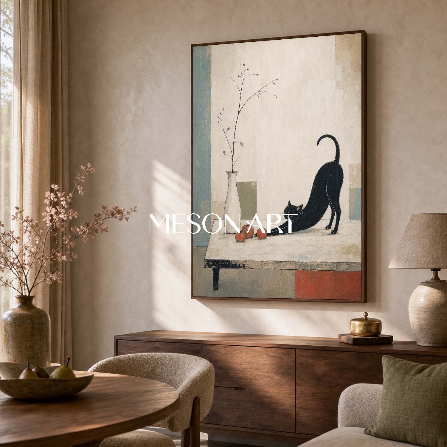 Minimalist Black Cat Painting With Autumn Fruits And Art Deco Background For Living Room Entryway Decor