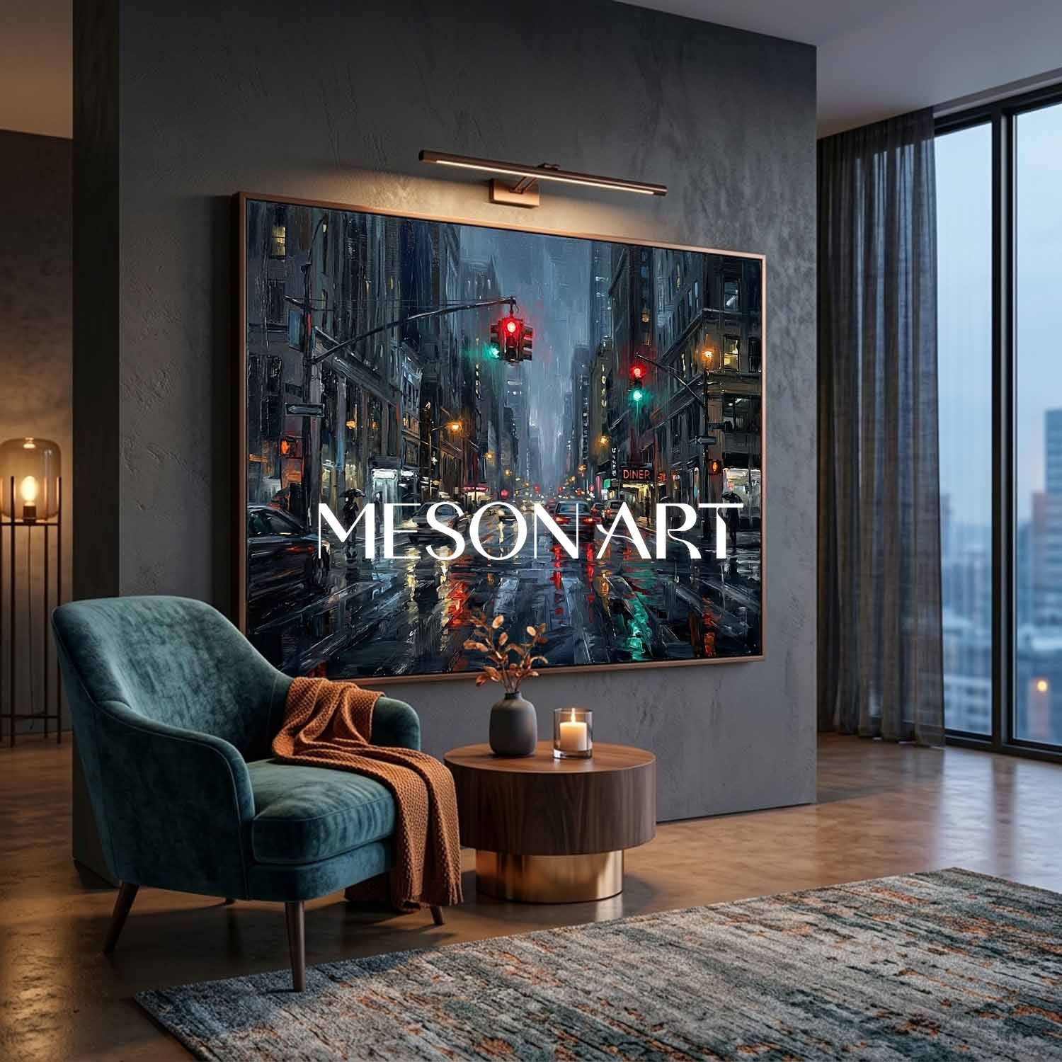 Abstract City Painting With Neon Lights And Rain Reflections For Modern Living Room Decor
