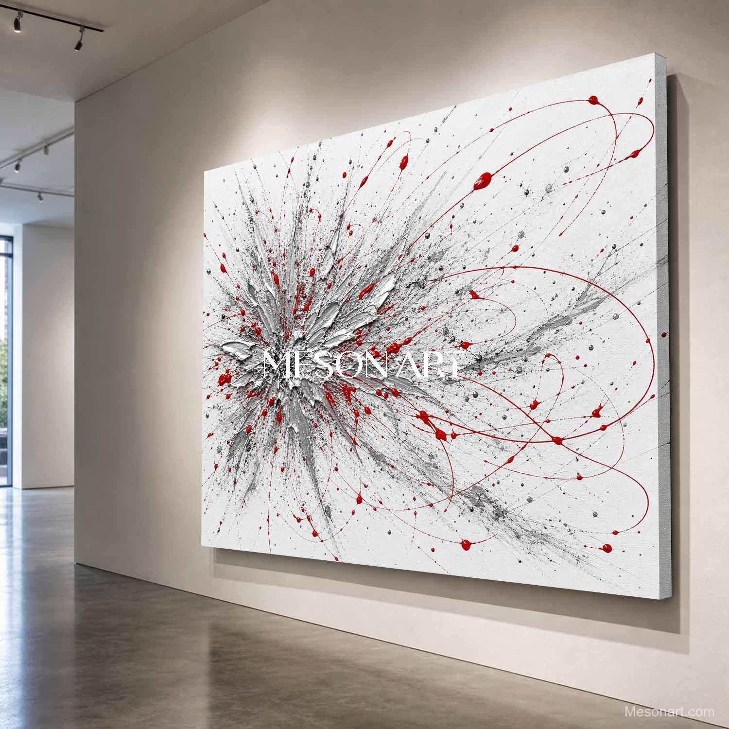 Red And Silver Abstract Painting For Modern Living Room Decor With Textured Relief