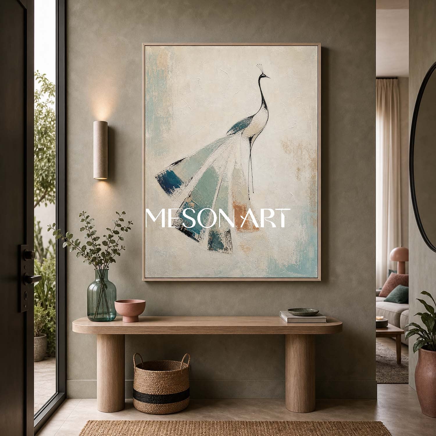 Elegant Peacock Abstract Painting In Beige And Teal For Art Deco Interior Design