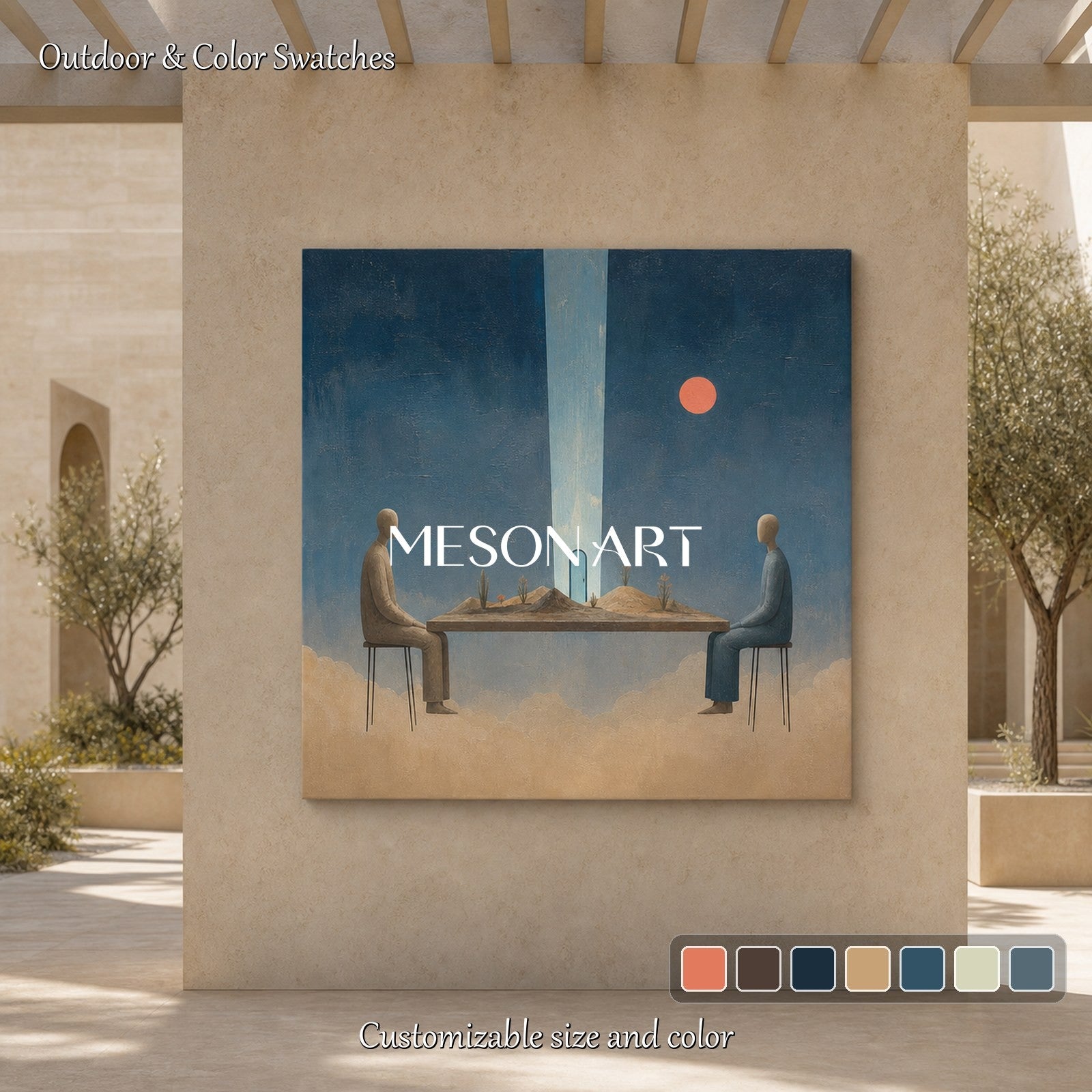Surrealist Blue Beige Oil Painting For Modern Living Room And Executive Office Decor
