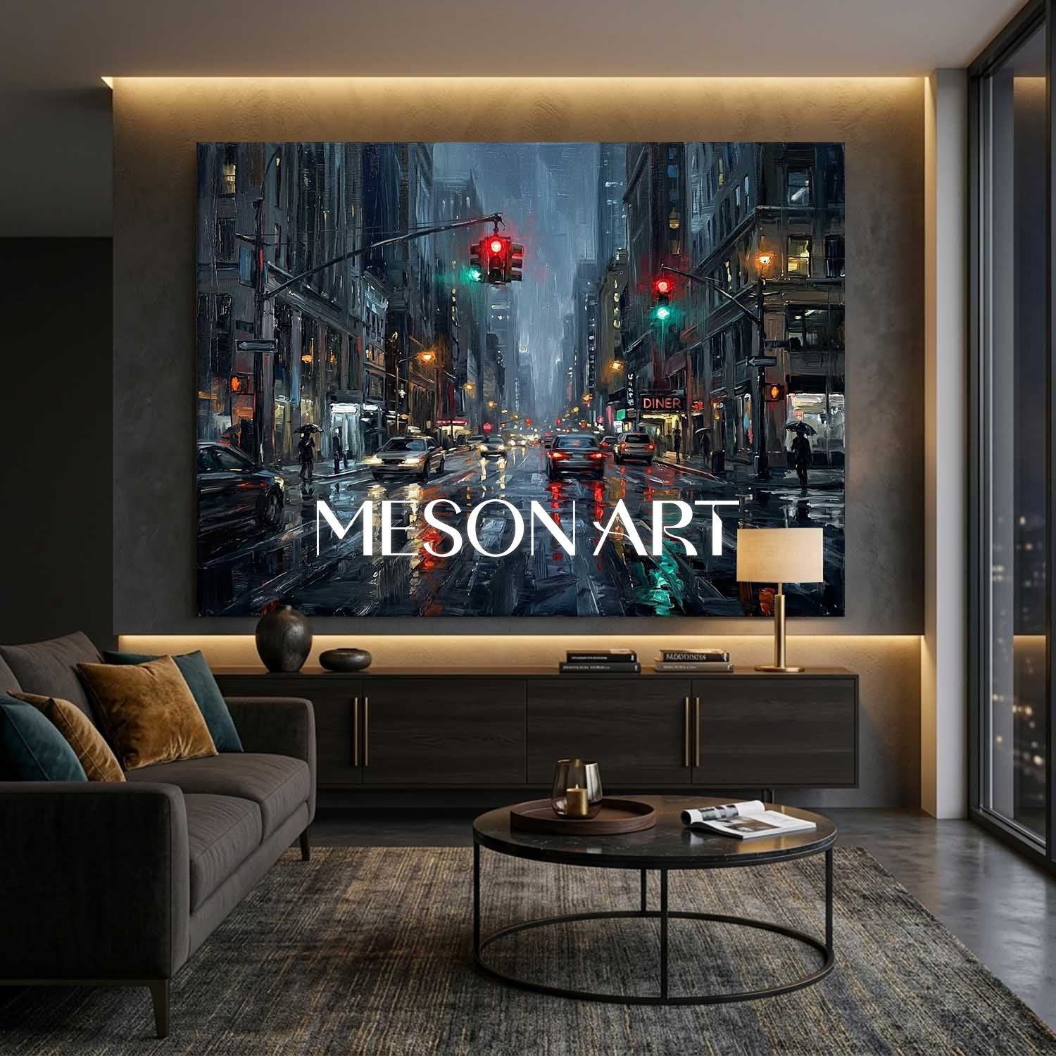 Abstract City Painting With Neon Lights And Rain Reflections For Modern Living Room Decor