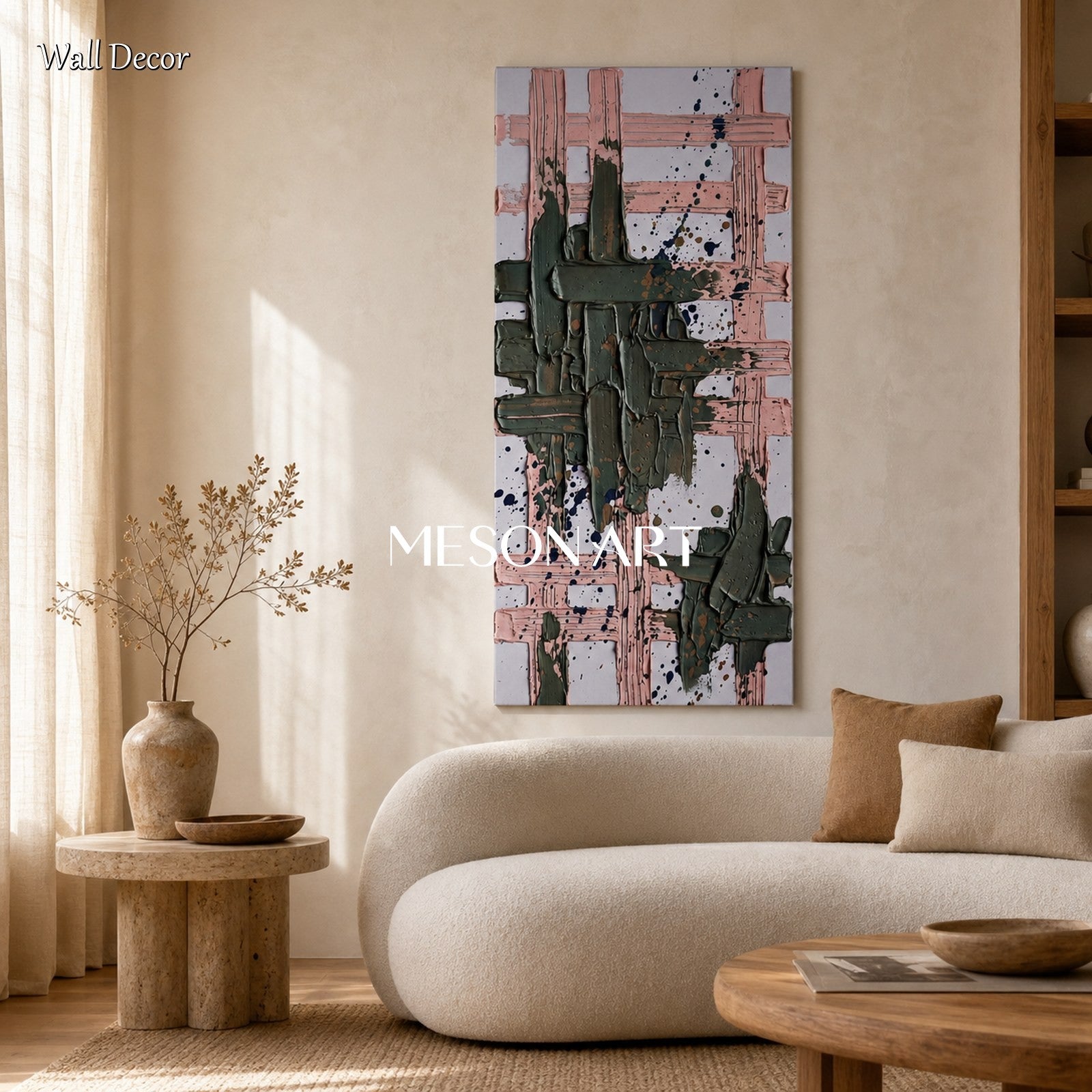 Minimalist Geometric Abstract Art With Textured Relief In Pink And Green For Modern Entryway