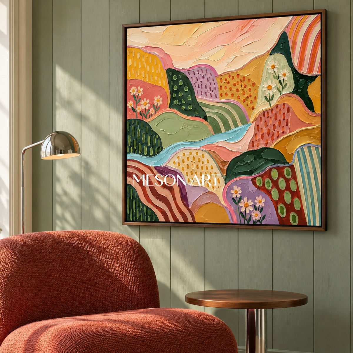 Colorful Abstract Landscape Painting Square Wall Art Original Hand Painted By Artist Modern Impasto Style By Mesonart