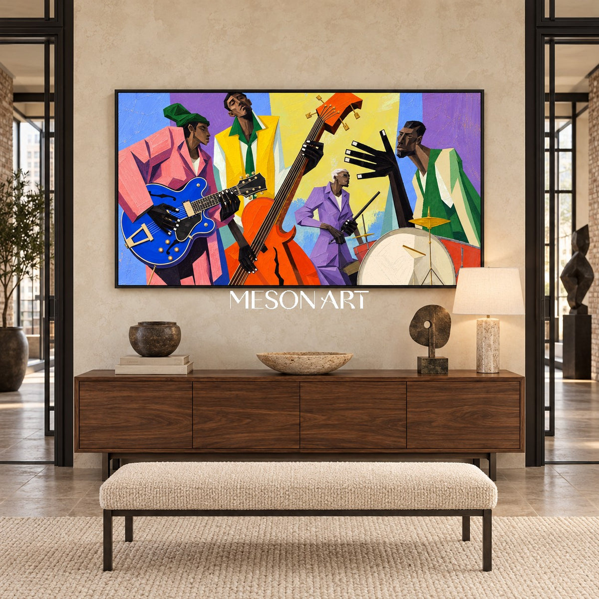 Blue And Yellow Pop Art Jazz Painting Panoramic Wall Art For Living Room Original Artist By Mesonart