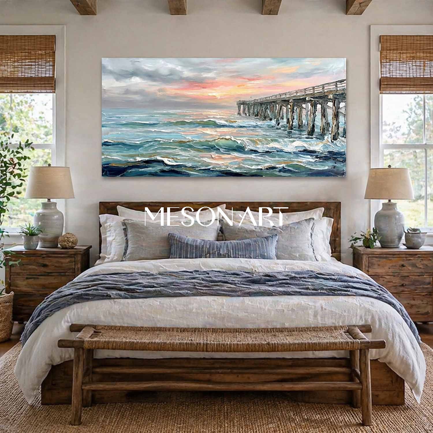 Luxury Impressionist Seascape Painting With Wooden Pier For Coastal Living Room Decor