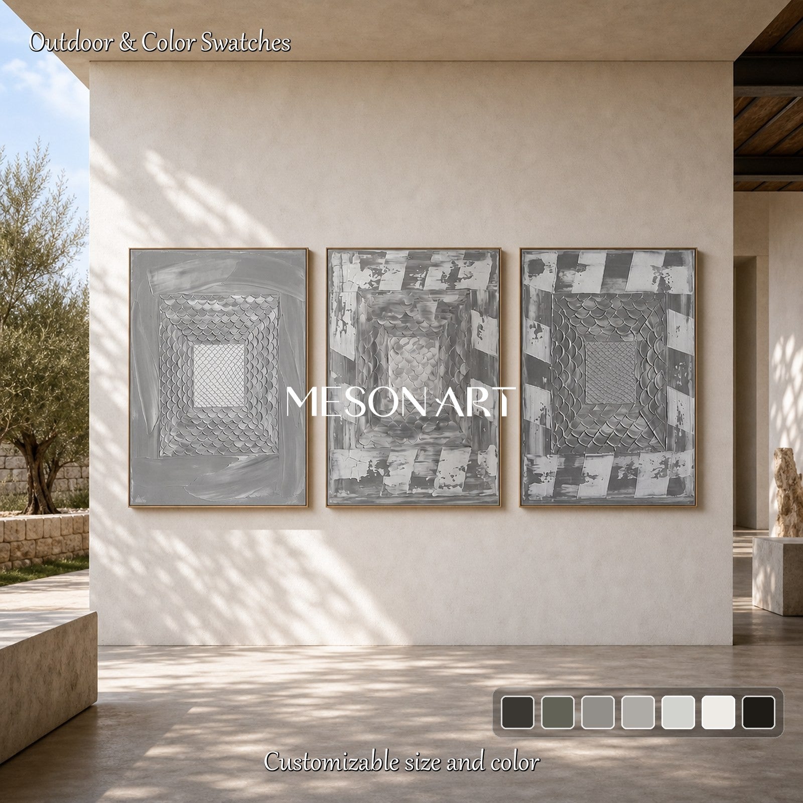 Gray Abstract Triptych With Textured Relief For Modern Living Room Decor