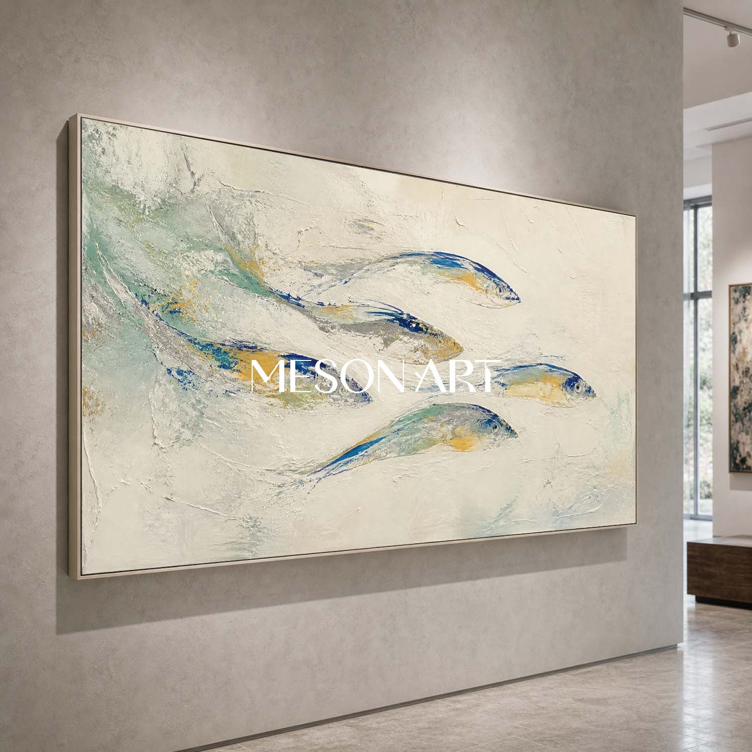 Abstract Blue Fish Painting On Linen Canvas With Textured Finish For Coastal Living Room Decor