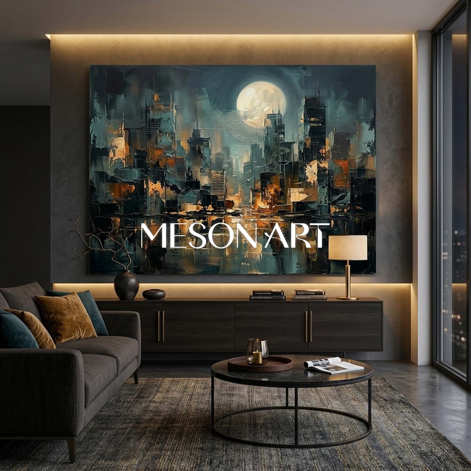 Abstract City Painting With Gold Accents For Modern Living Room Decor