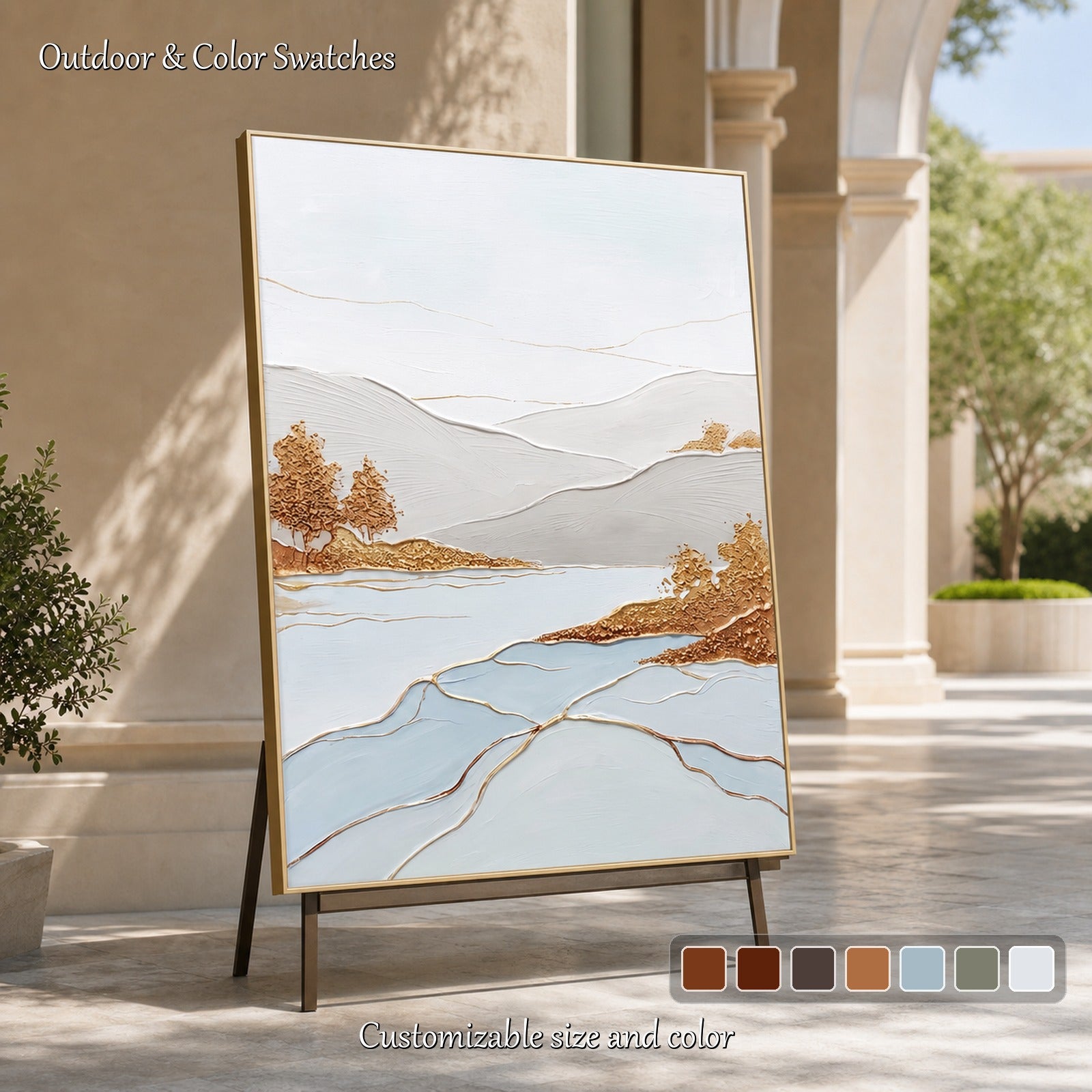 Dipinto di lusso con texture raffigurante un lago e una montagna, nei toni dell’oro e del bianco, per l’arredamento di una casa moderna