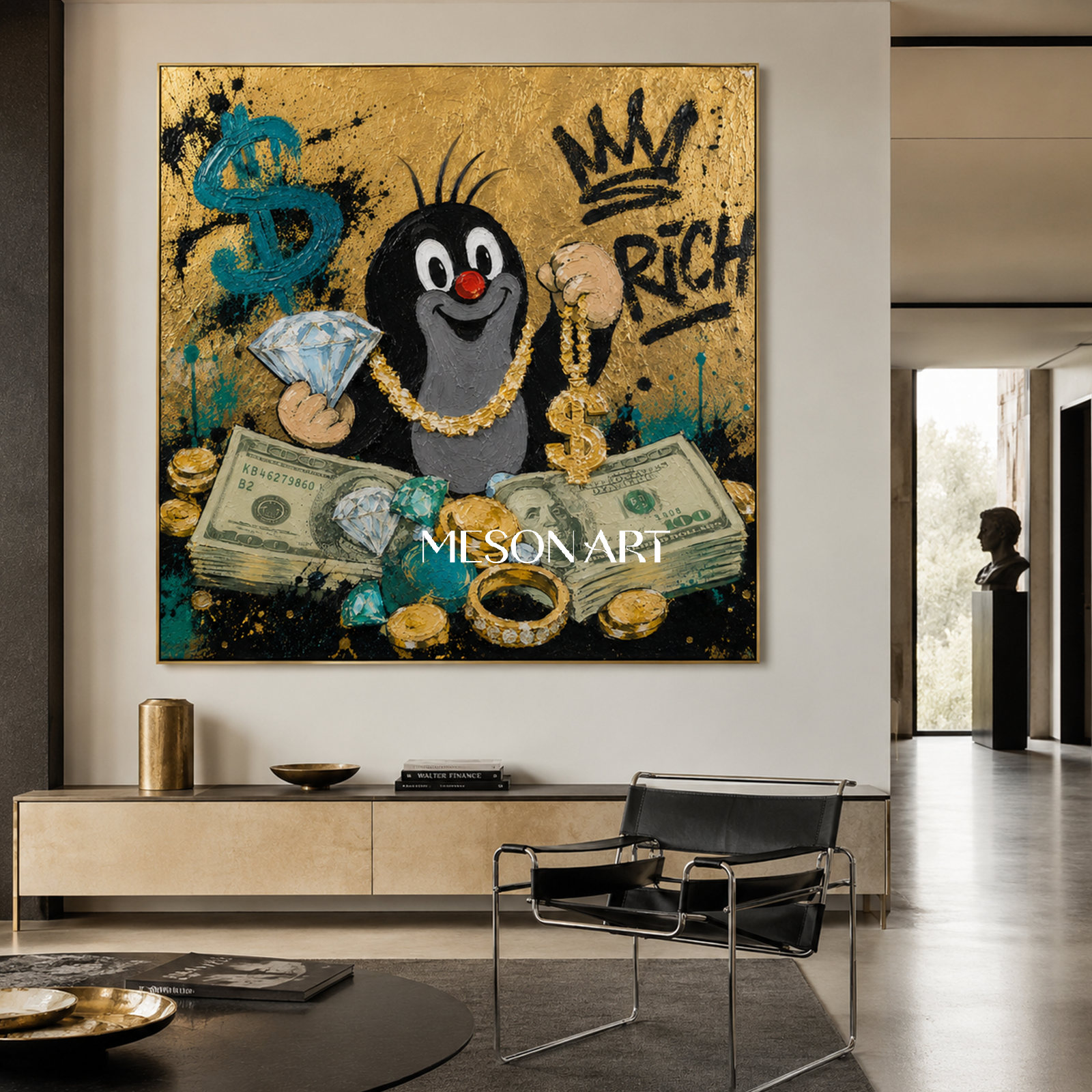 Luxury Pop Art Painting With Gold Texture And Cartoon Mole For Modern Living Room Decor