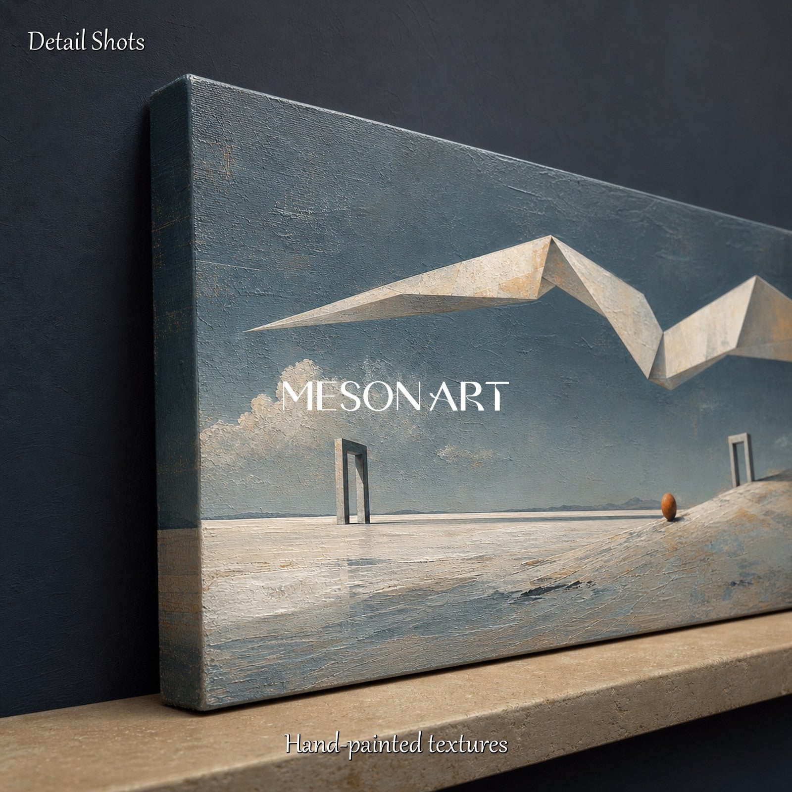 Surrealist Geometric Art Painting For Modern Living Room With Soft Blue Beige Tones