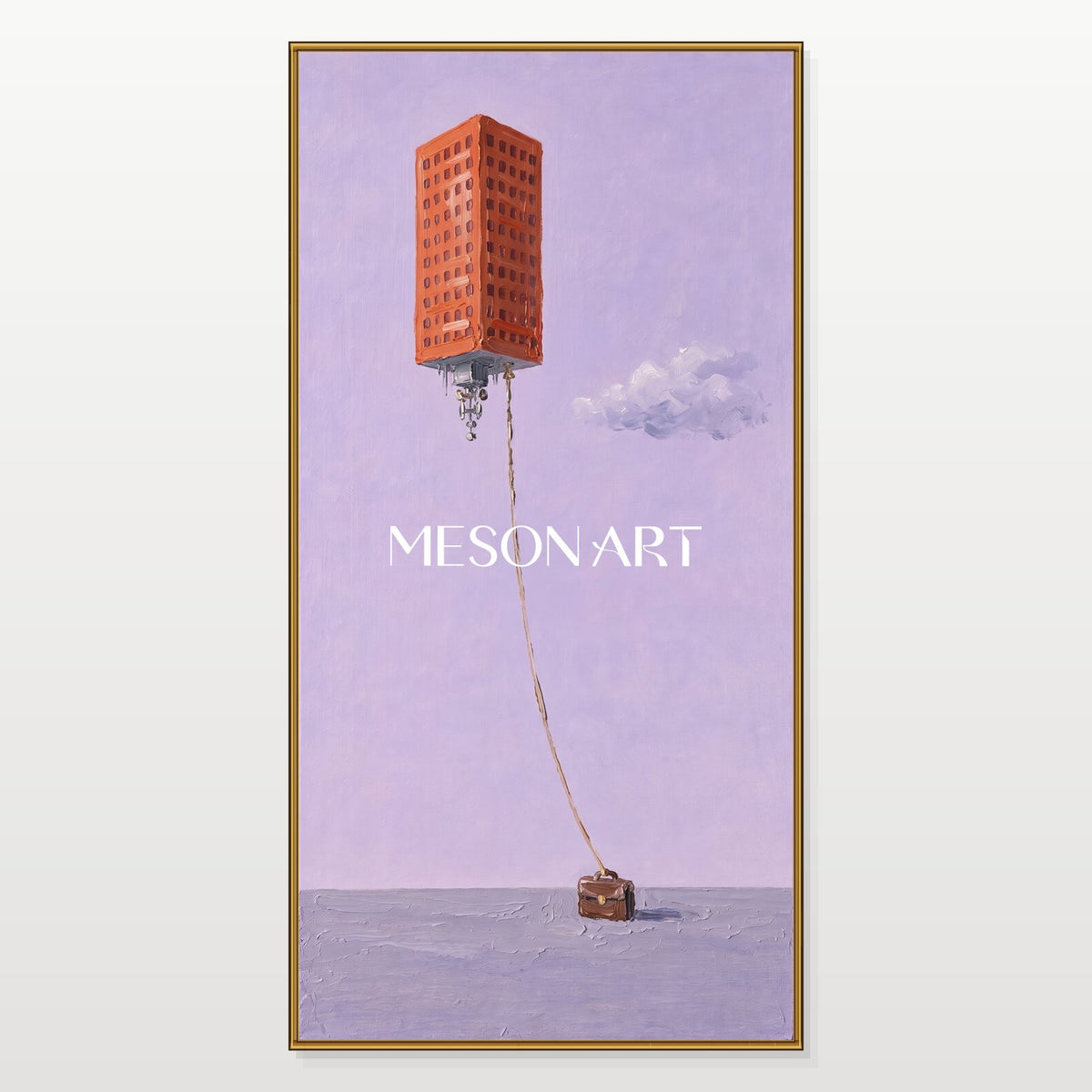 Purple And Brown Surrealist Floating Building Panoramic Wall Art For Living Room By Mesonart