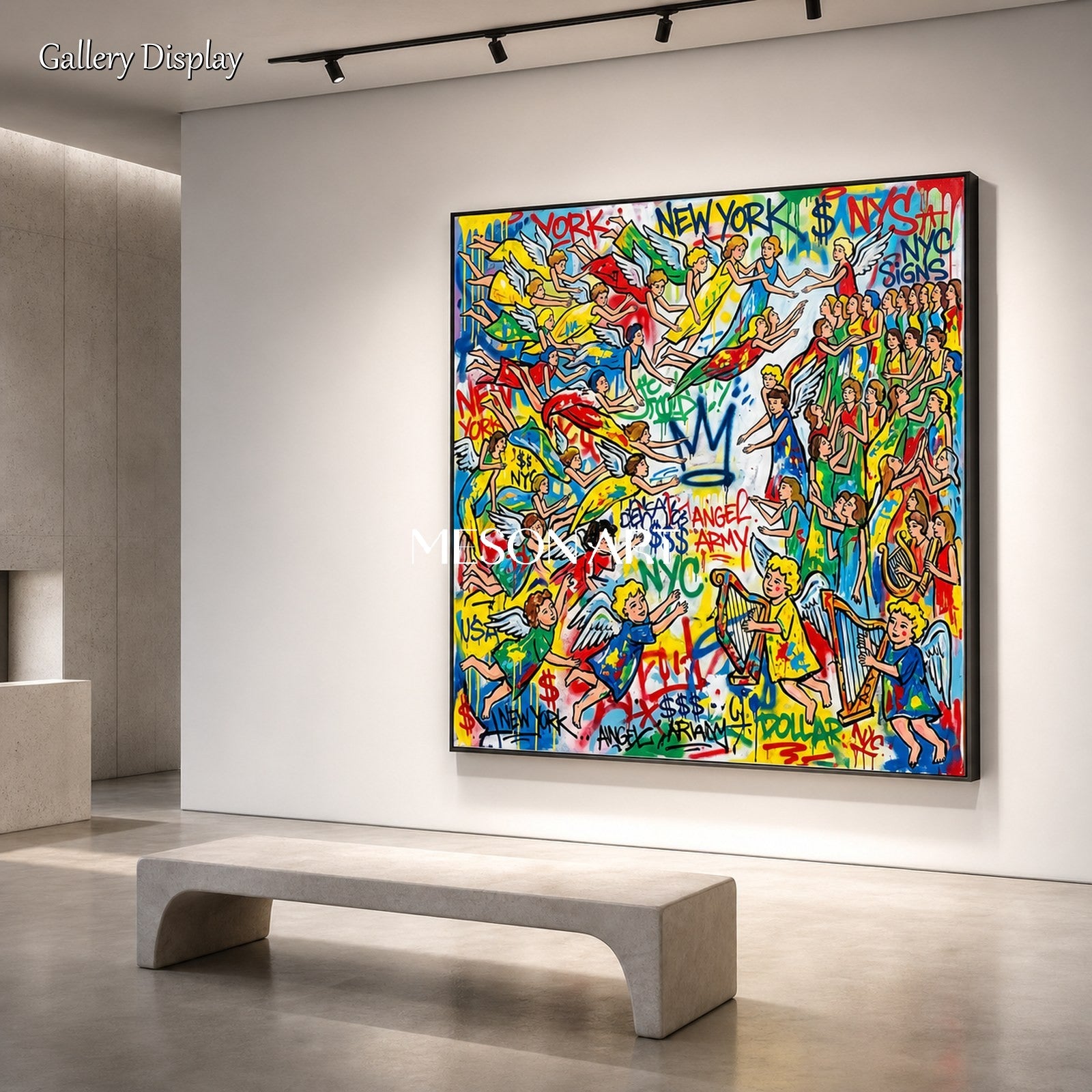 Yellow And Blue Graffiti Painting Banksy Style Square Wall Art For Living Room By Mesonart