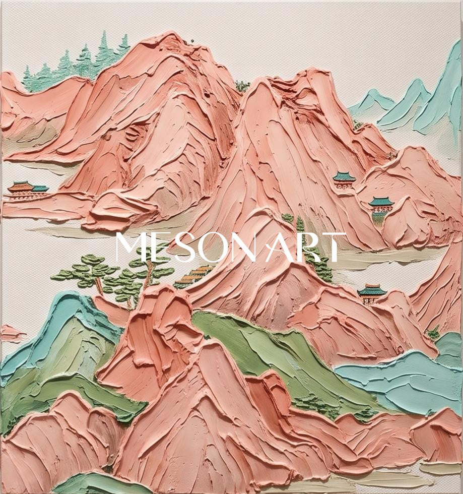 グリーンとベージュのインパスト技法を用いた山岳風景画 モダンな正方形のウォールアート メゾナートによるオリジナルアーティストの風景画