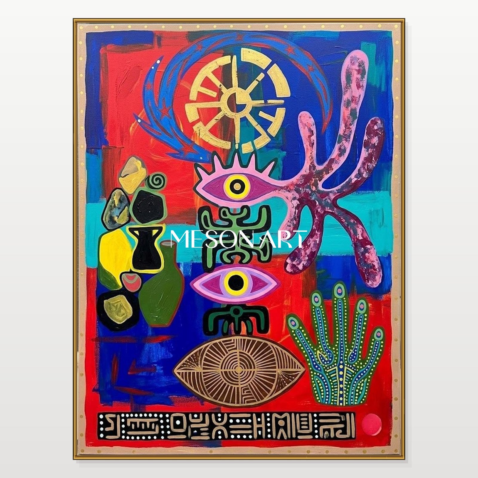 Modern Abstract Art With Bold Colors And Mystical Symbols For Living Room Decor