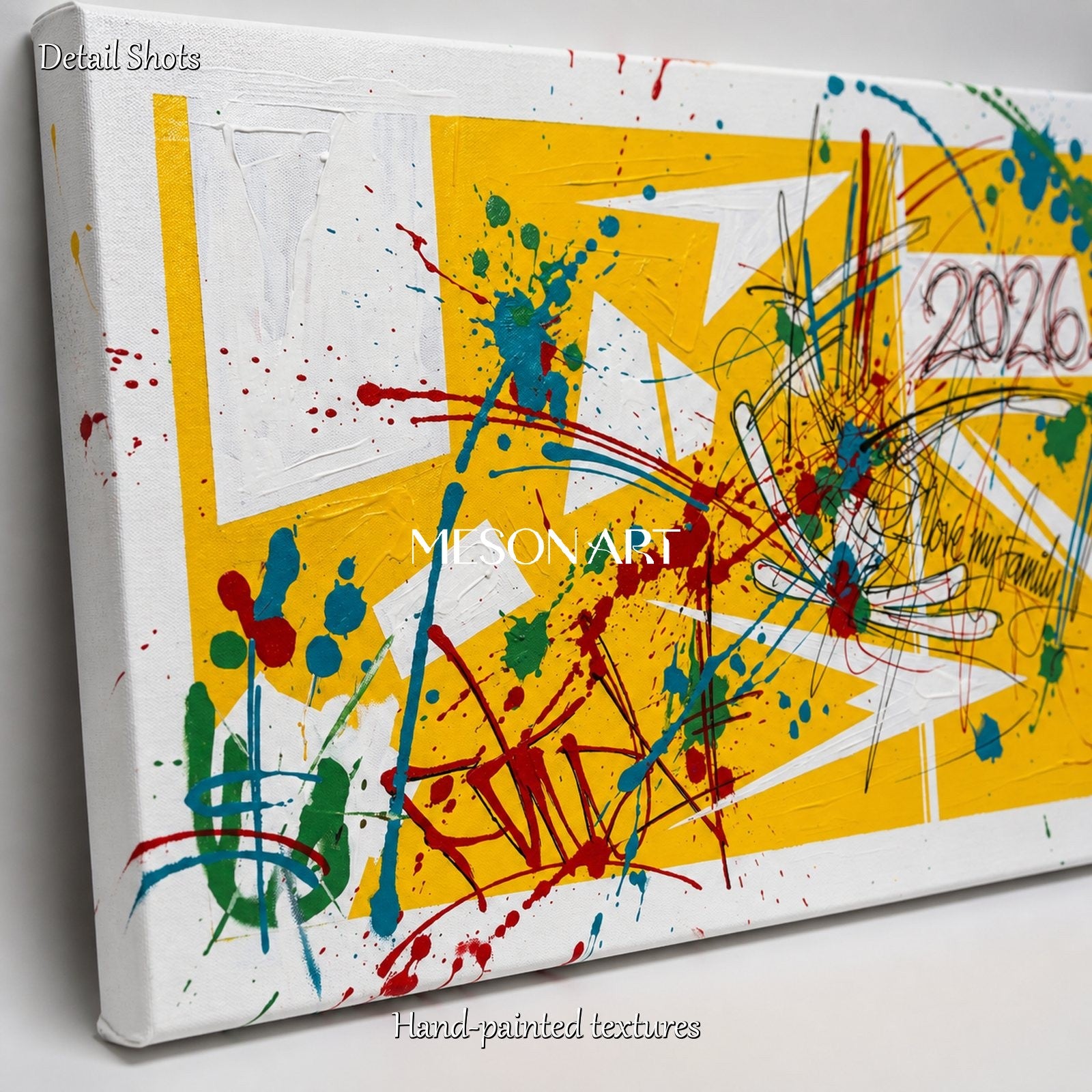 Yellow Banksy Style Painting Abstract Rectangular Wall Art For Living Room Original Artist By Mesonart