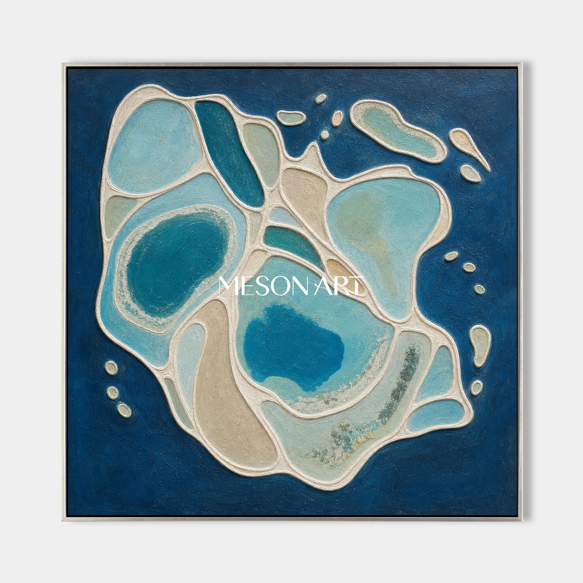 Azure Lagoon Abstract Art With Textured Plaster Relief For Coastal Home Decor