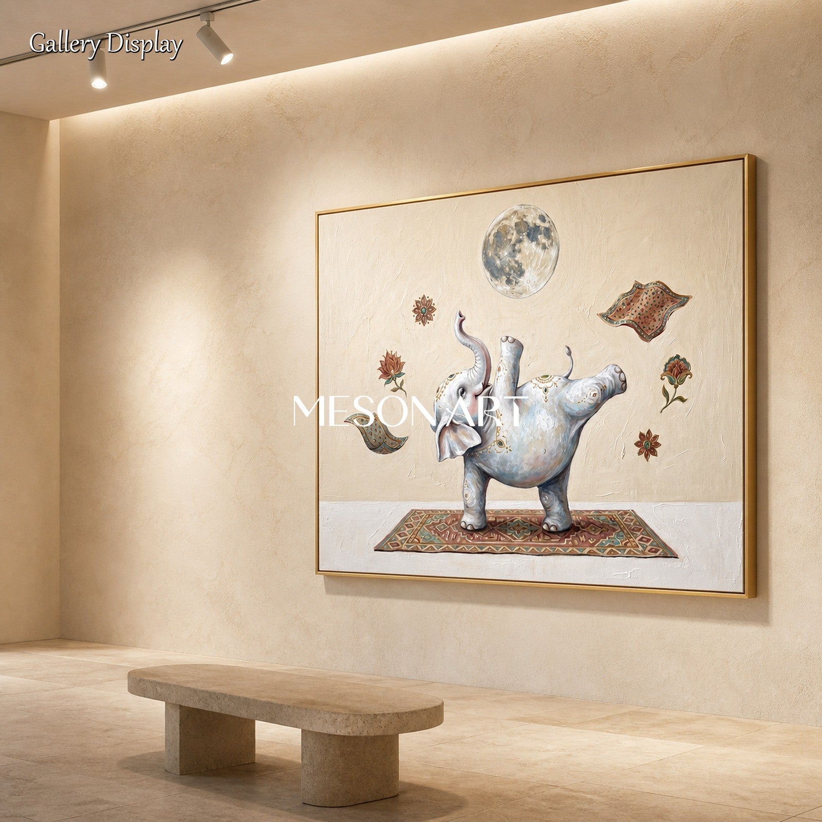 Beige And White Yoga Elephant Original Art Rectangular Wall Decor For Living Room By Mesonart