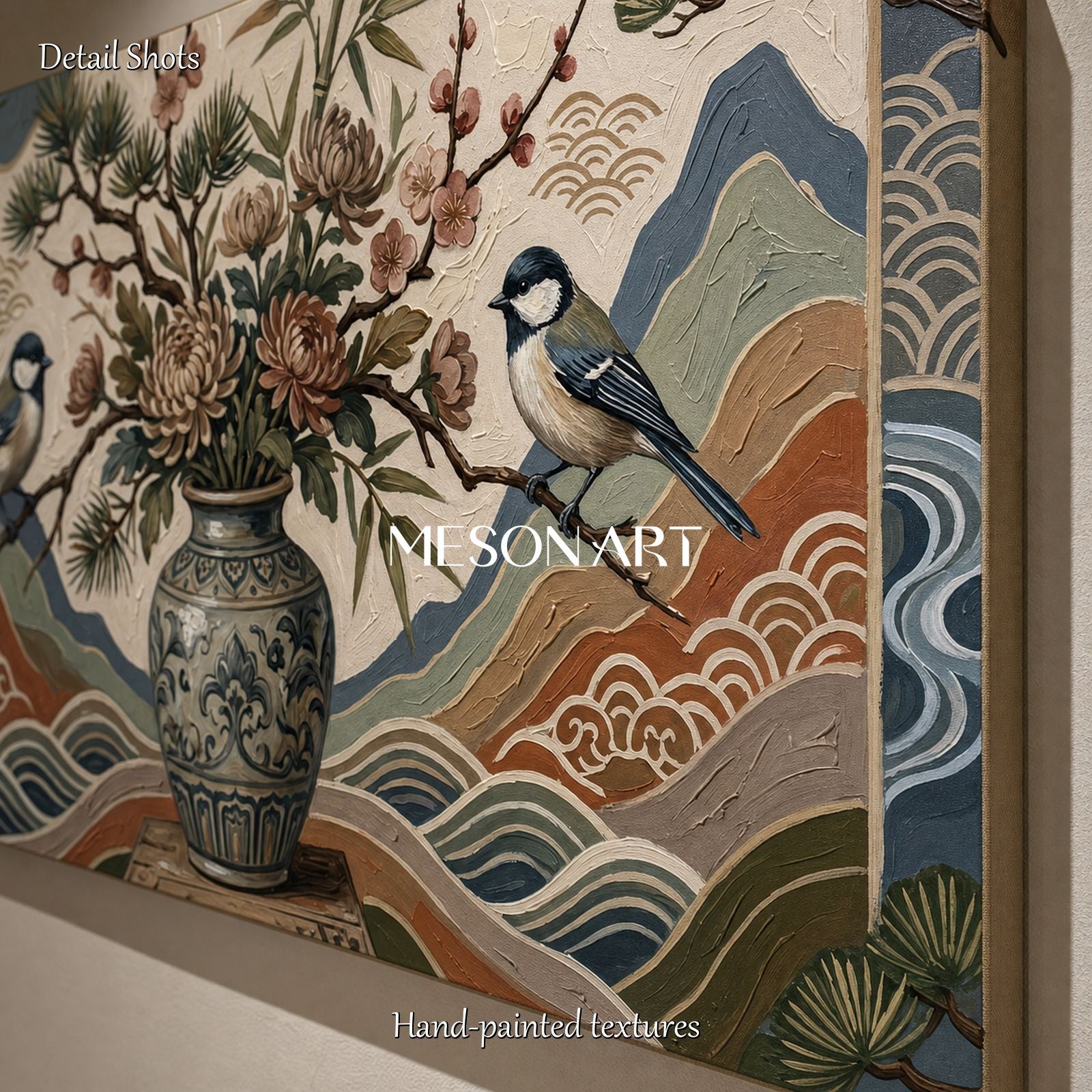 Large Chinoiserie Bird And Floral Art Painting With Textured Relief For Living Room Decor