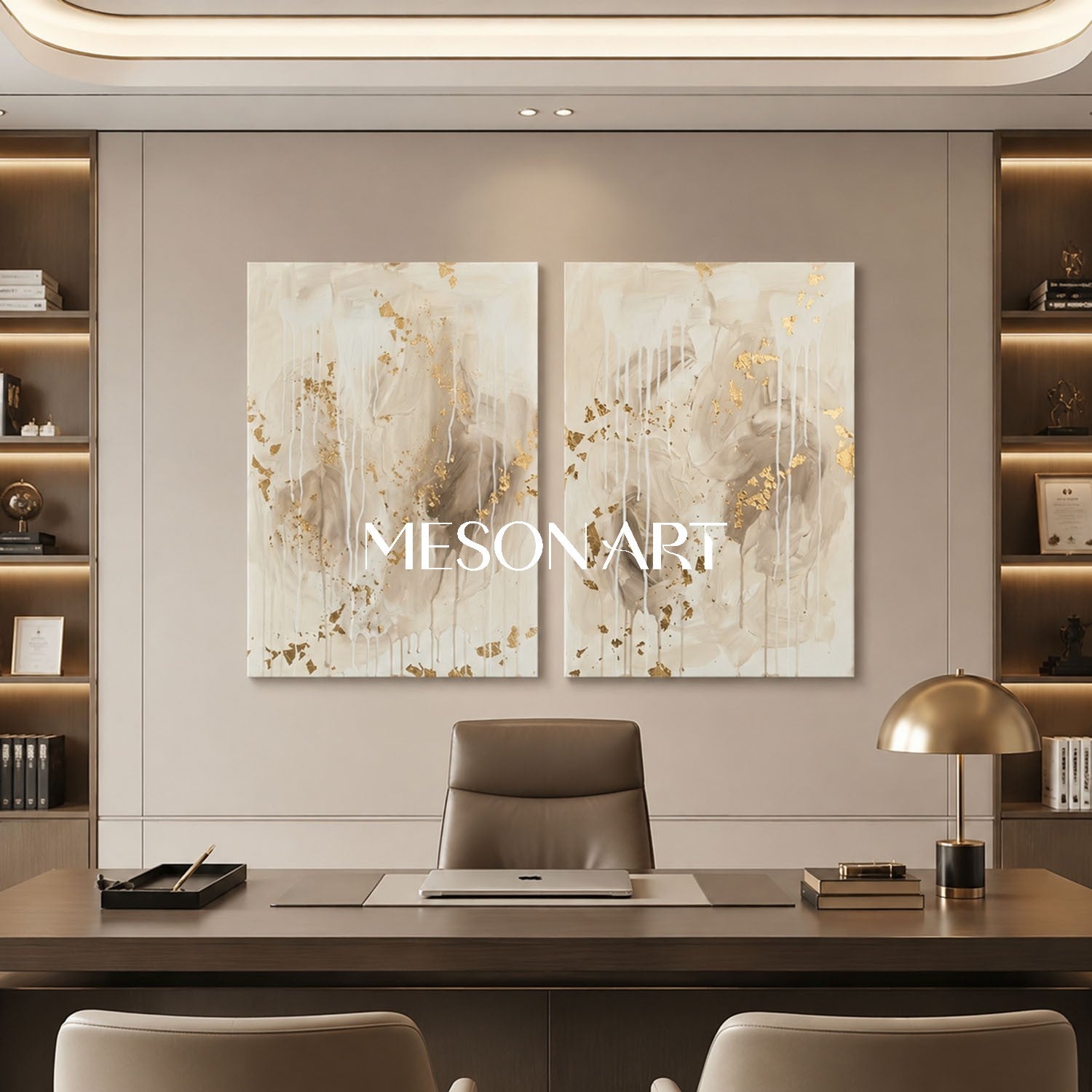 Gilded Abstract Diptych With Gold Leaf For Modern Living Room And Entryway Decor
