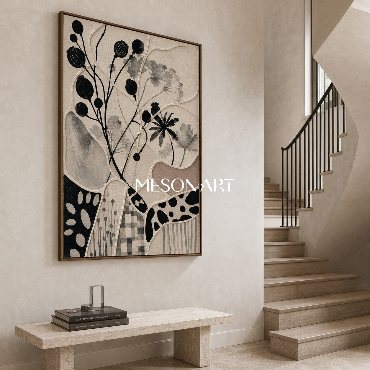 Abstract Botanical Art With Geometric Patchwork Design For Modern Living Spaces
