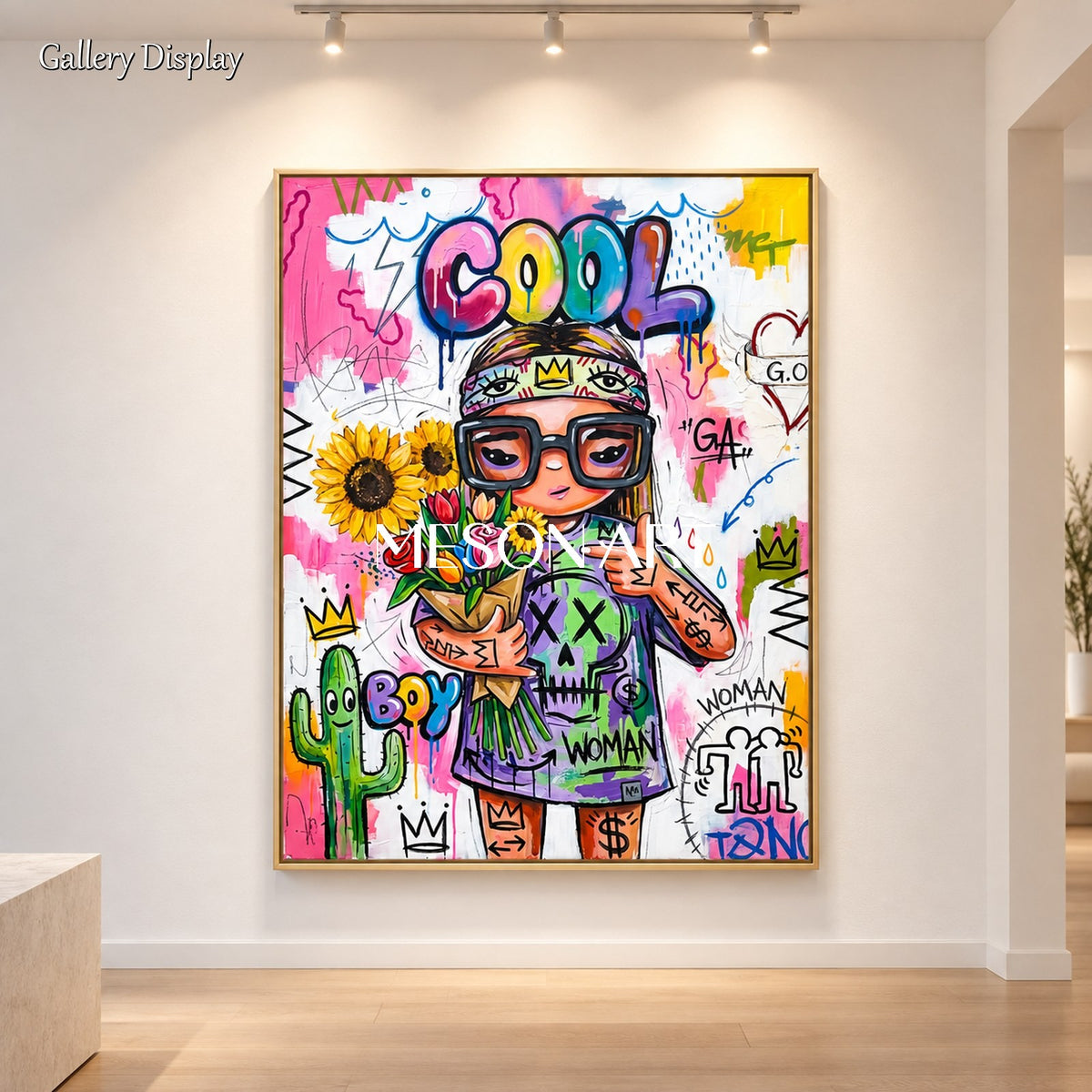 Pink And Yellow Graffiti Art Cool Girl Painting Rectangular Wall Decor For Living Room By Mesonart
