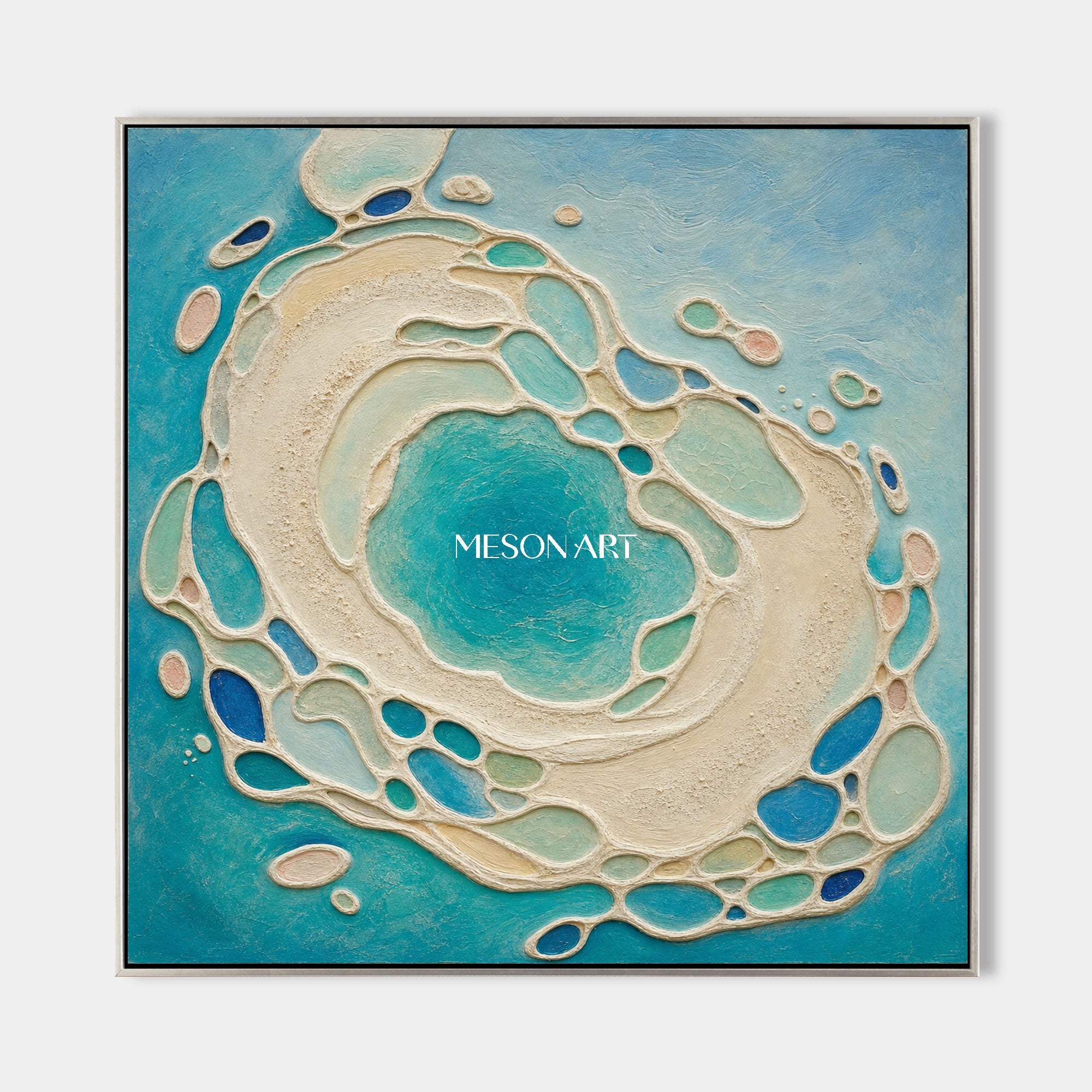Sculptural Azure Lagoon Art With Plaster Texture For Coastal Living Room Decor
